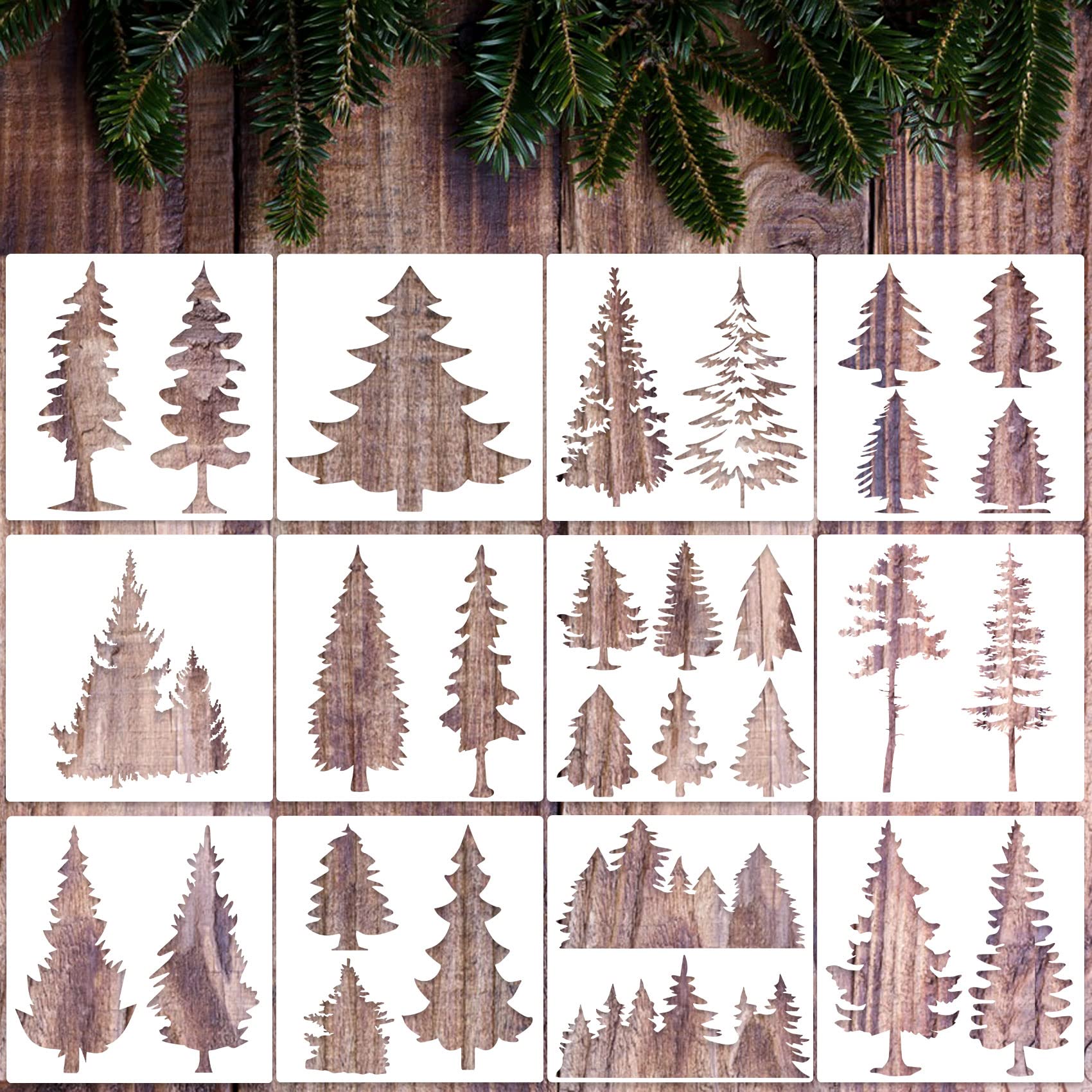 PAGOW 12pcs Pine Trees Stencils, Reusable PET Drawing Stencils, Art Painting Templates, Winter Christmas DIY for Wall, Floor, Decor Supplies (5.9 x 5.9 Inch)