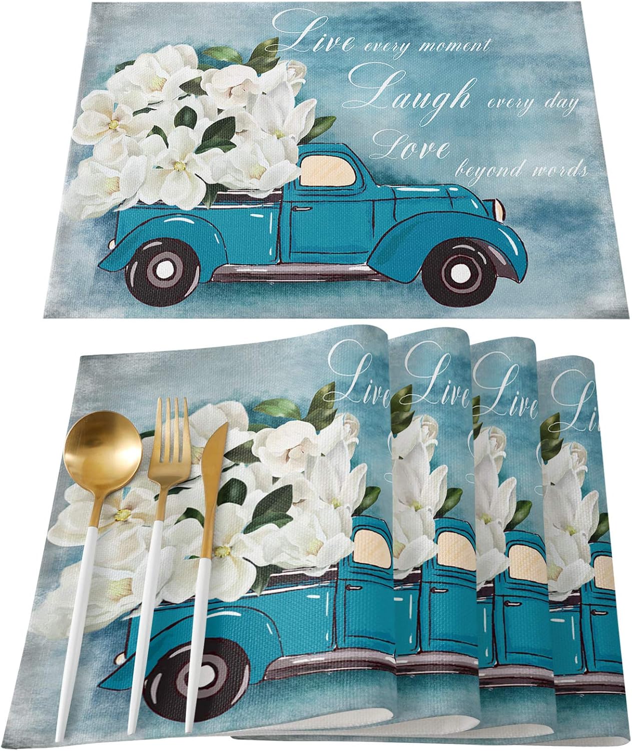 Placemats Set of 6,White Flower Floral Blue Truck Heat-Resistant Placemats for Dining Table,Cotton Linen Non-Slip Place Mats for Holiday Farmhouse Banquet Kitchen Table Decor