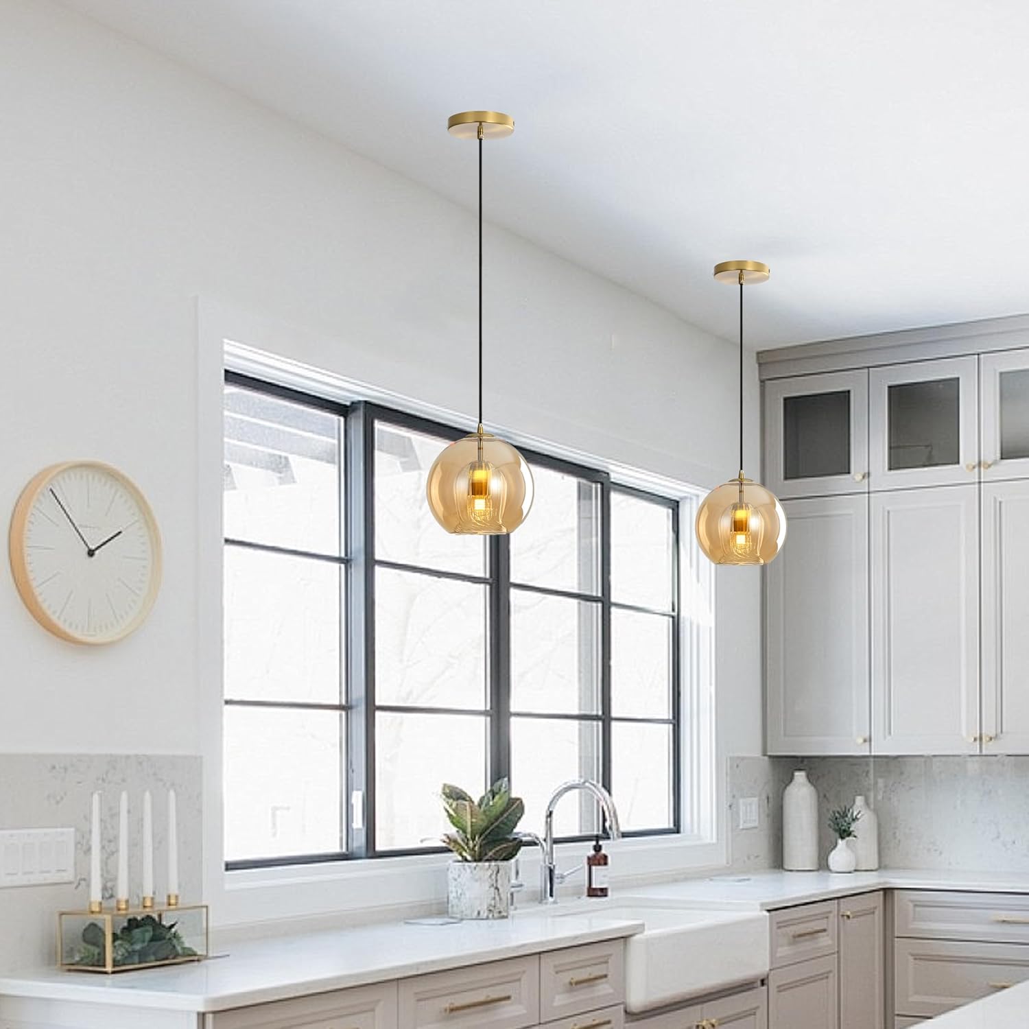 Modern Glass Globe Pendant Light with Gold Socket, E26 Industrial Hanging Lamp, Kitchen Island Ceiling Light for Dining Rooms, Living Rooms, Staircases (Amber, 20CM)