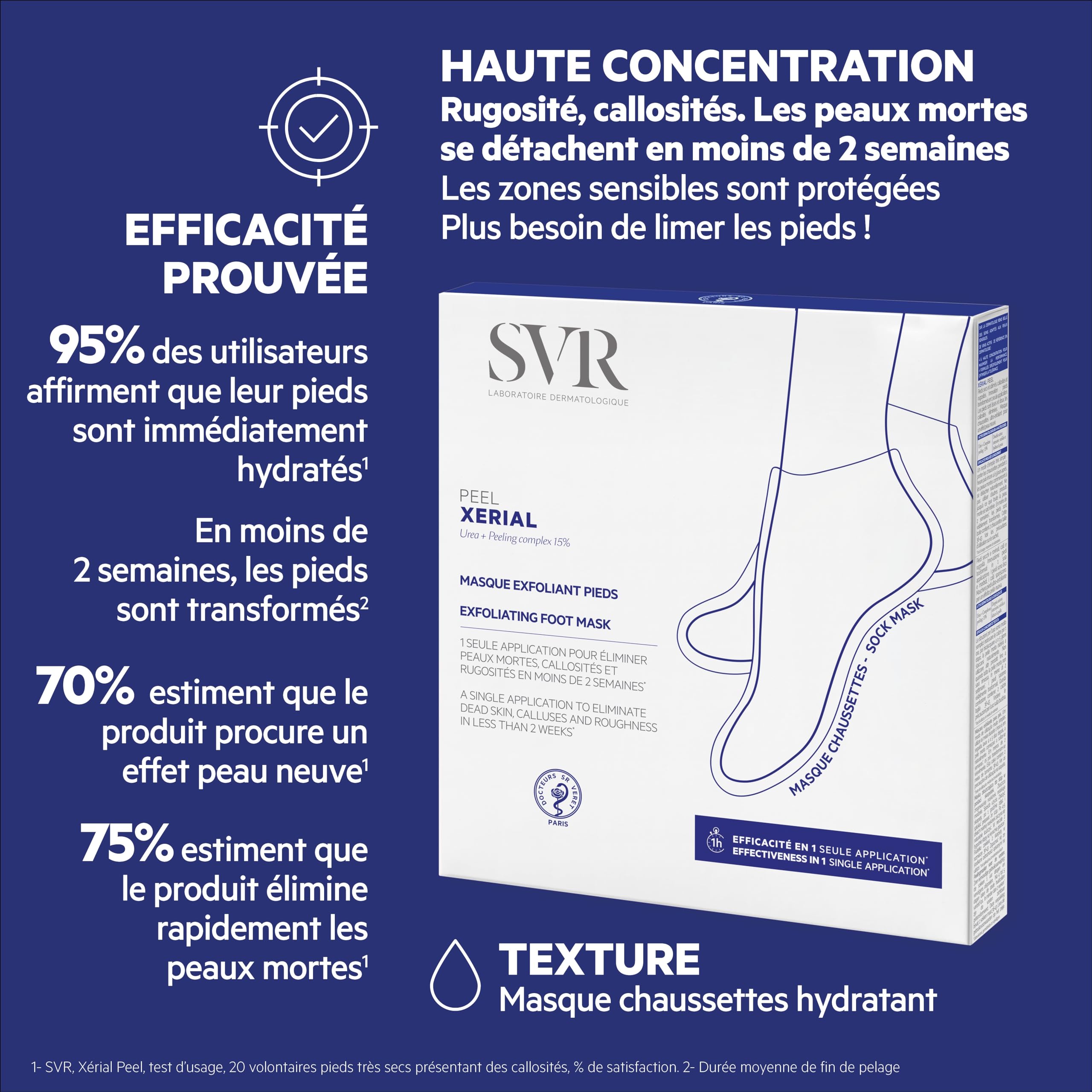 SVR - Xérial Peel - Masque exfoliant pieds - Peeling intensif anti-callosités - Pour pieds secs et abîmés - Urée 15%, acides glycolique et lactique, extraits végétaux - 2 chaussettes