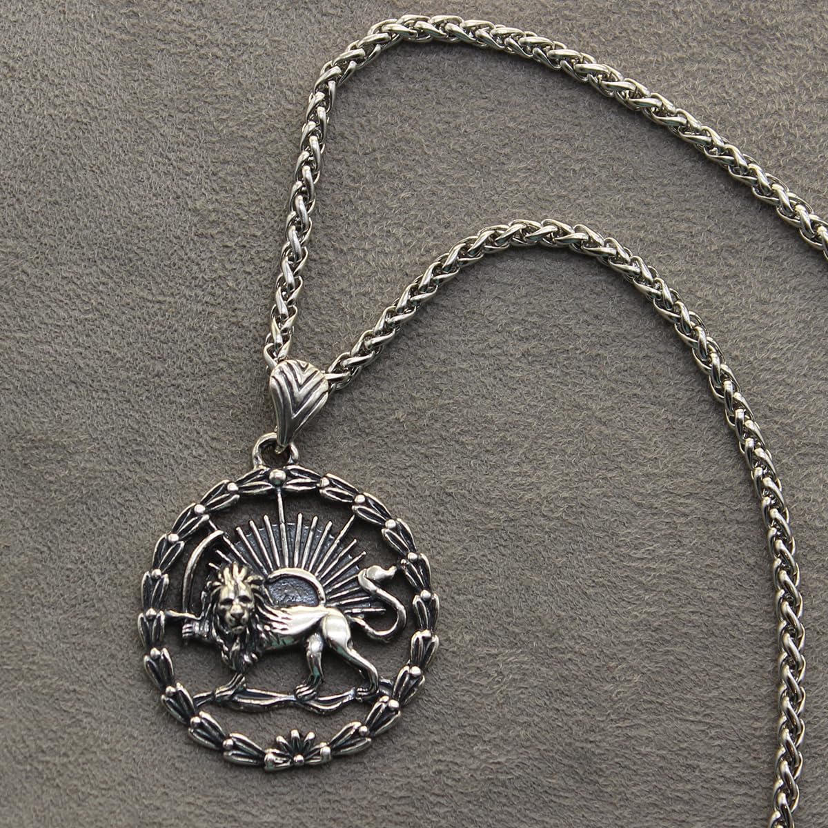 Sterling Silver Lion Sun Shir Khorshid Persian Pahlavi Necklace Chain Gift
