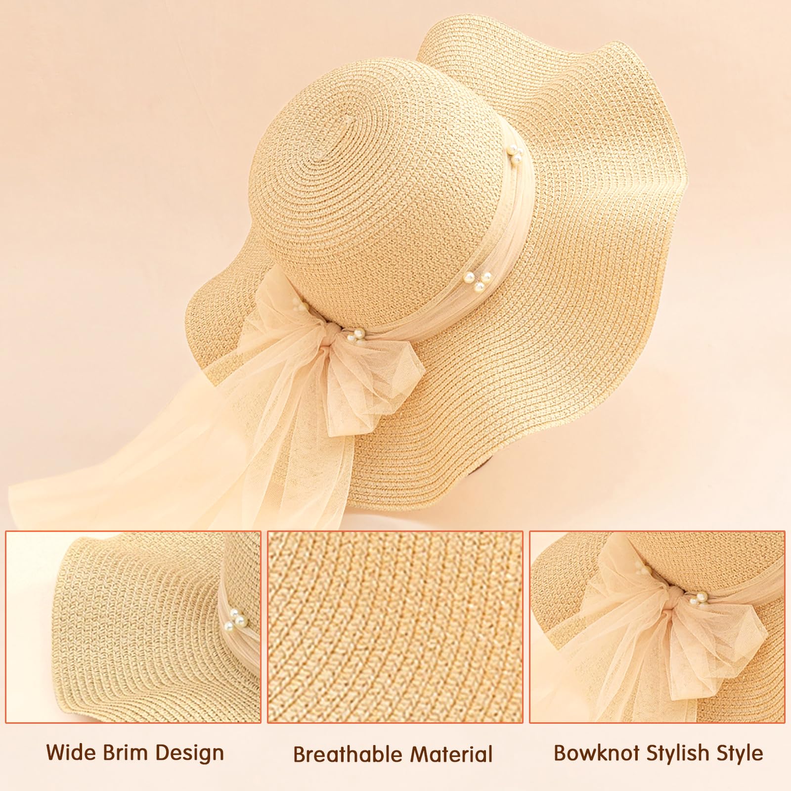 Kunyeah Enfants Fille été Chapeau de Paille Pliable Large Bord Casquette Pare-Soleil Chapeaux Protection Solaire Plage Chapeaux de Paille Bowknot Disquette Casquette pour Voyage Vacances