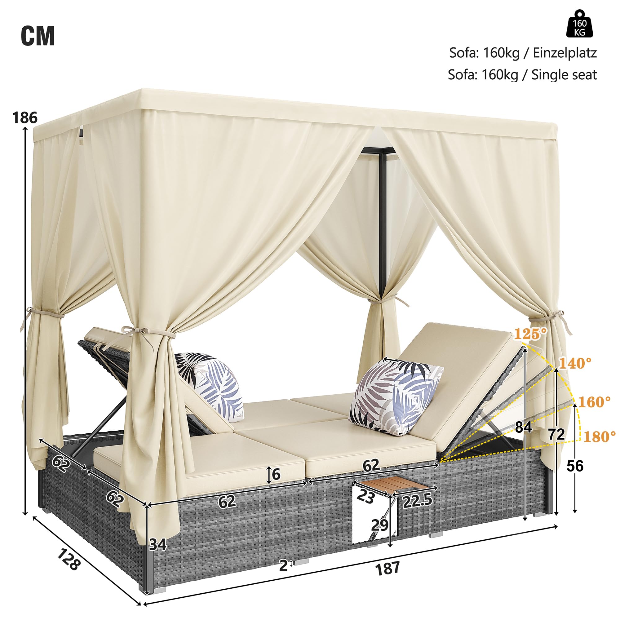 Tumbona de jardín de matrimonio, 187 x 128 x 186 cm, con parasol y cojines con mesa plegable, tumbona de ratán de ángulo ajustable, muebles de salón, terraza y jardín para exteriores