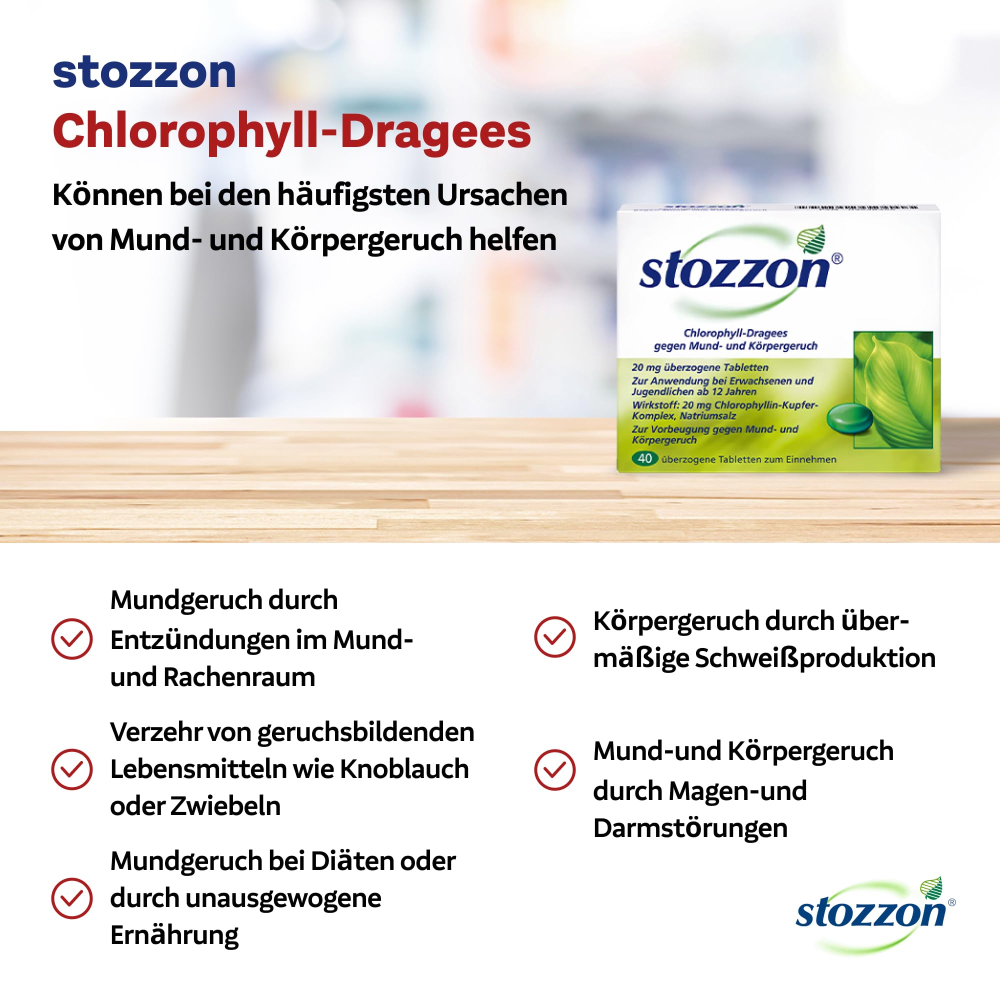 Stozzon Chlorophyll-Dragees gegen Mund- und Körpergeruch Spar-Set 2x40 Dragees. Können unangenehme Gerüche verhindern, noch bevor sie entstehen