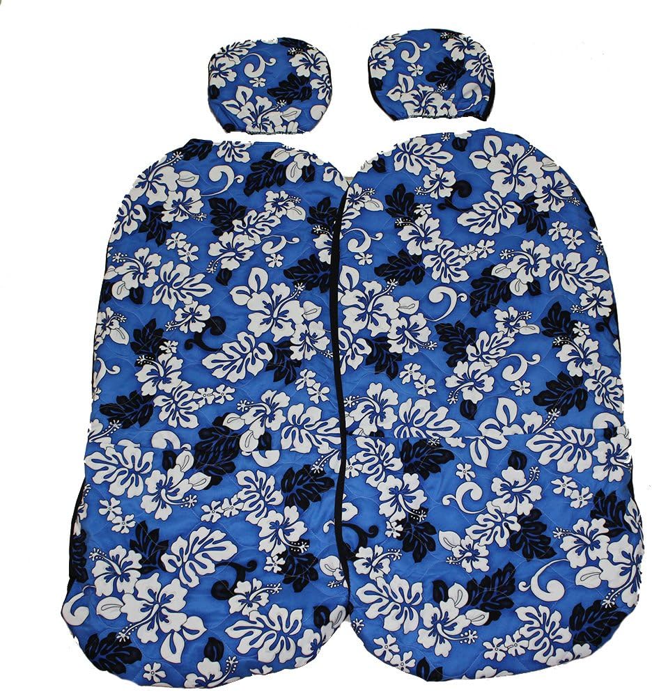 Hawaiian car seat cover with Separated Headrest, Blue and White Flower Set of 2 Front Bucket Seat Covers Microfiber 100% Polyester