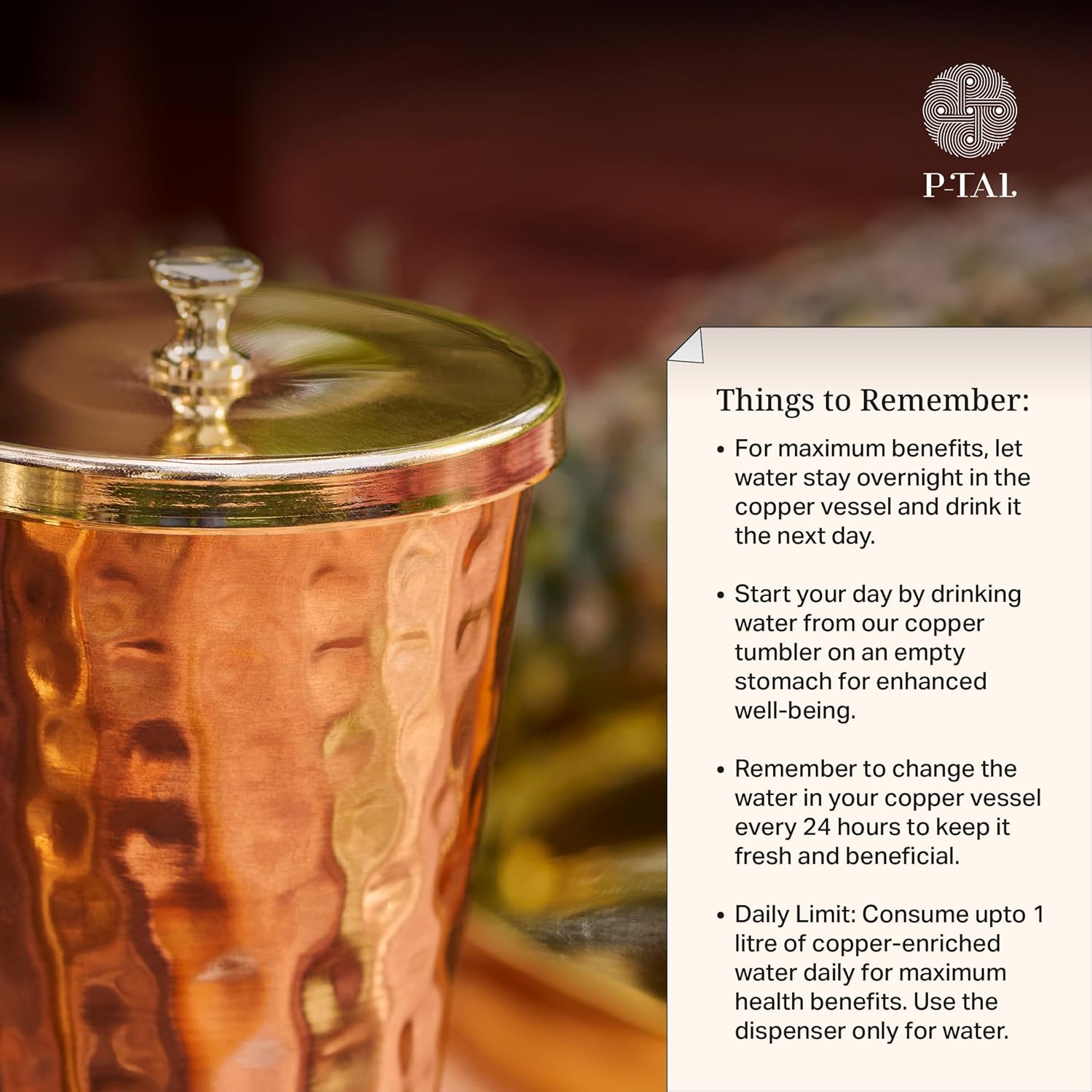 P-TAL Copper Mint Julep Cup With Lid, Water Tumbler, Drinkware, made of Pure Copper, Ayurvedic Health Benefits, Break Resistant - 600 mL (20 oz) (Rose Gold)
