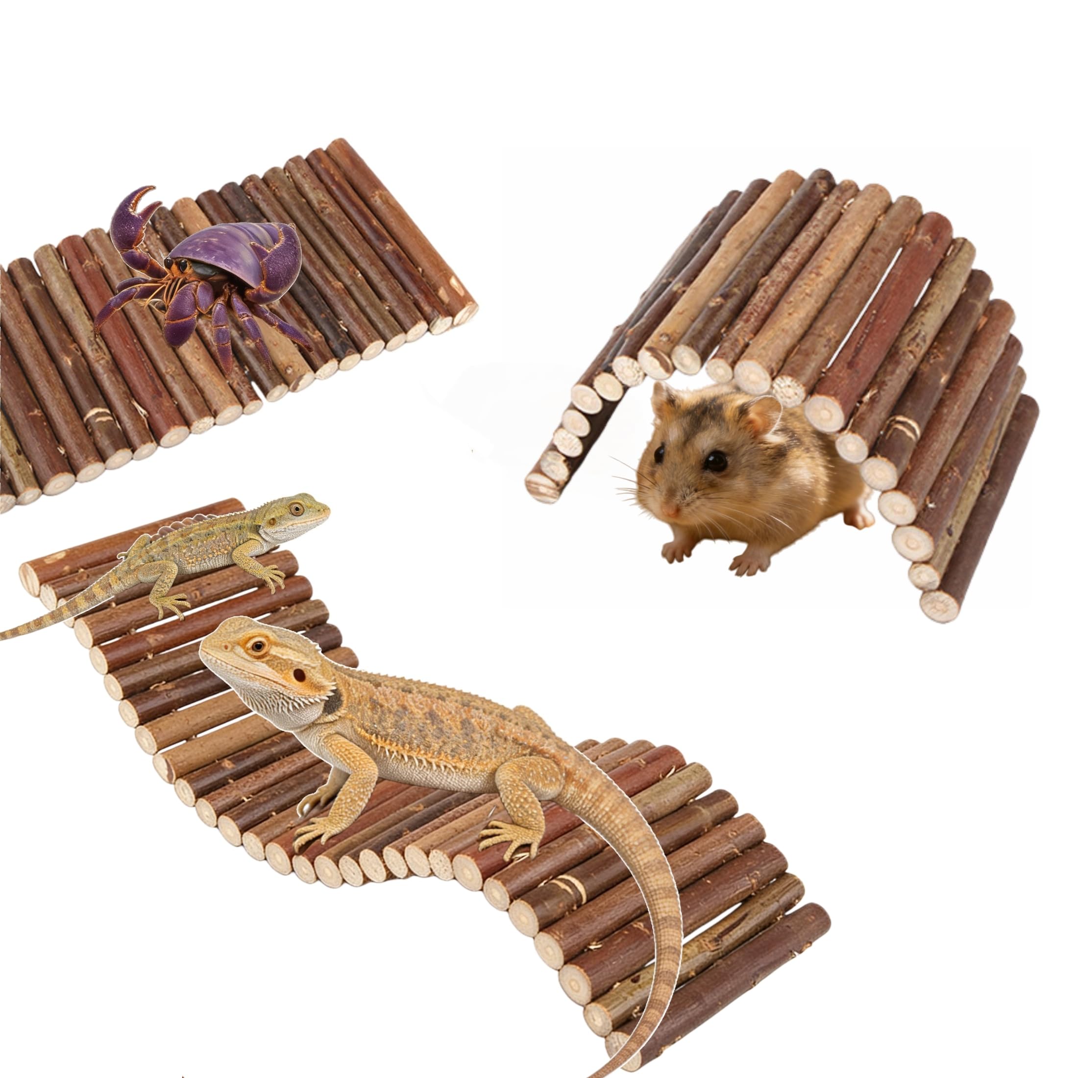 AOCGDDS 2 Pcs Wooden Hiding Hut Bendable Bridge Stair,Wooden Hermit Crab Hideout Climbing Toys,Reptile Tank Habitat Decor for Small Animal Chew and Exploration (Hamster,Lizards,Spiders,Hermit Crab)