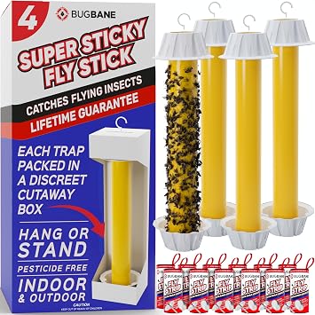 Fly Stick Sticky Fly Traps for Indoors Outdoor 4pk with 12 Ribbons. Non-Toxic Super Sticky Hanging Flies Catcher Paper Tape Strips for Home