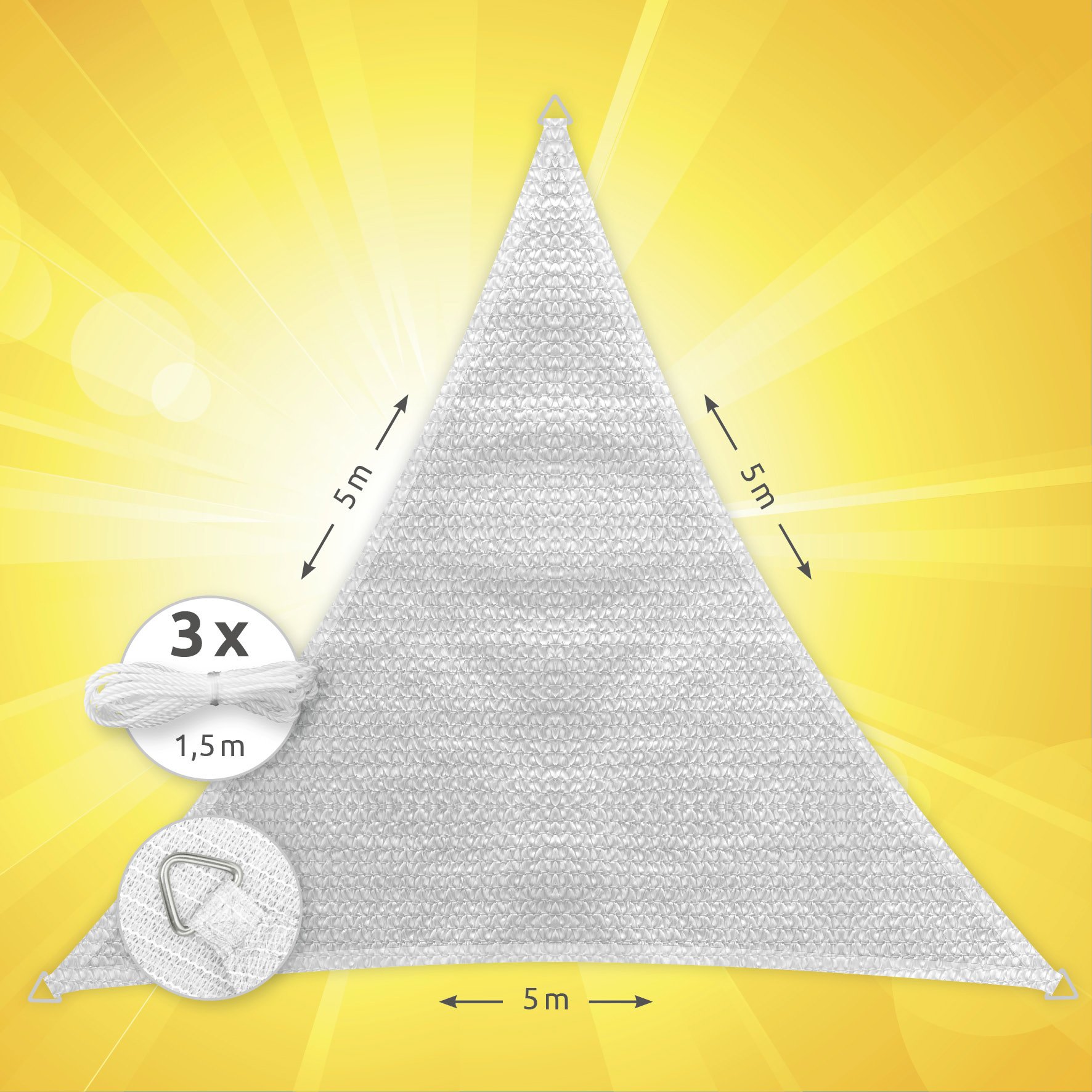 Windhager Voile d'ombrage Sunsail Adria, Triangulaire 5 x 5 m (Isocèle), Protection Solaire, Protection UV, Résistant aux Intempéries et Respirant, Blanc, 10977