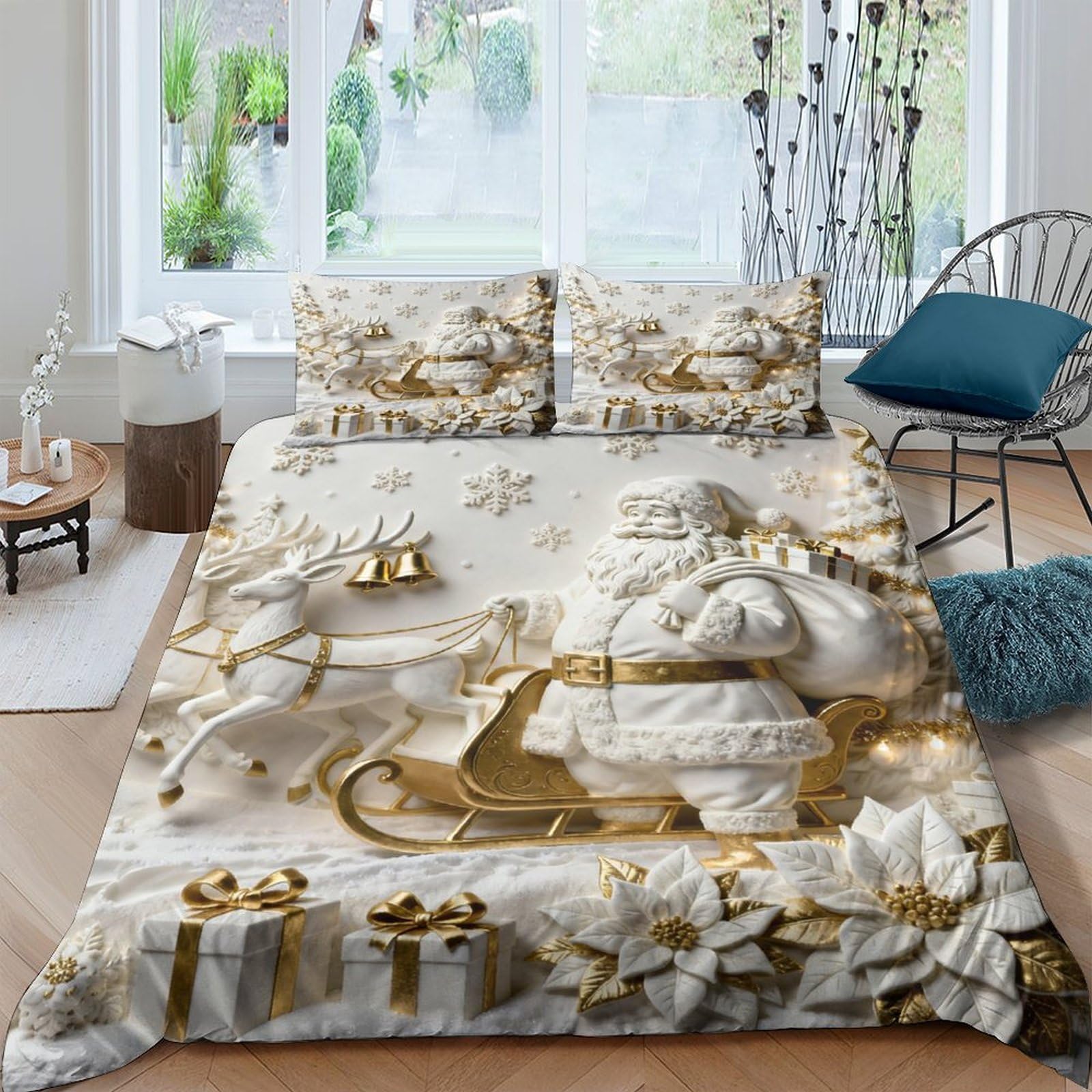 Ctjqhvkz Style-6 3D Printed Golden Christmas Reindeer Fitted Sheet Microfiber Anti-Slip Bed Cover For Bedroom Guest Room Decor Easy Care Single（135X200cm）