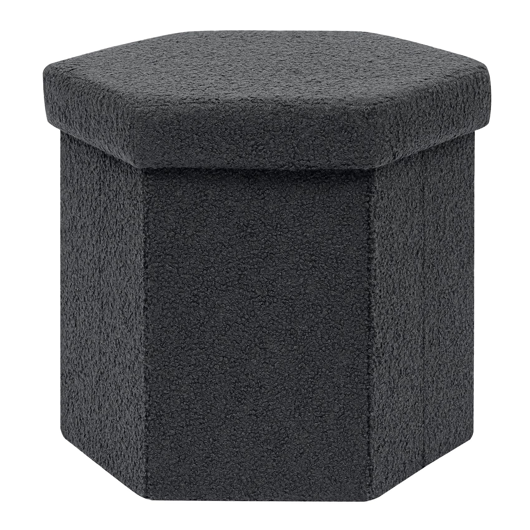 PINPLUS Hexagonal Storage Ottoman with Lid, Boucle Upholstered Foldable Footstool Cube, Space-Saving Ottoman Seat Stool for Living Room Bedroom, 43x38x38cm, Dark Grey