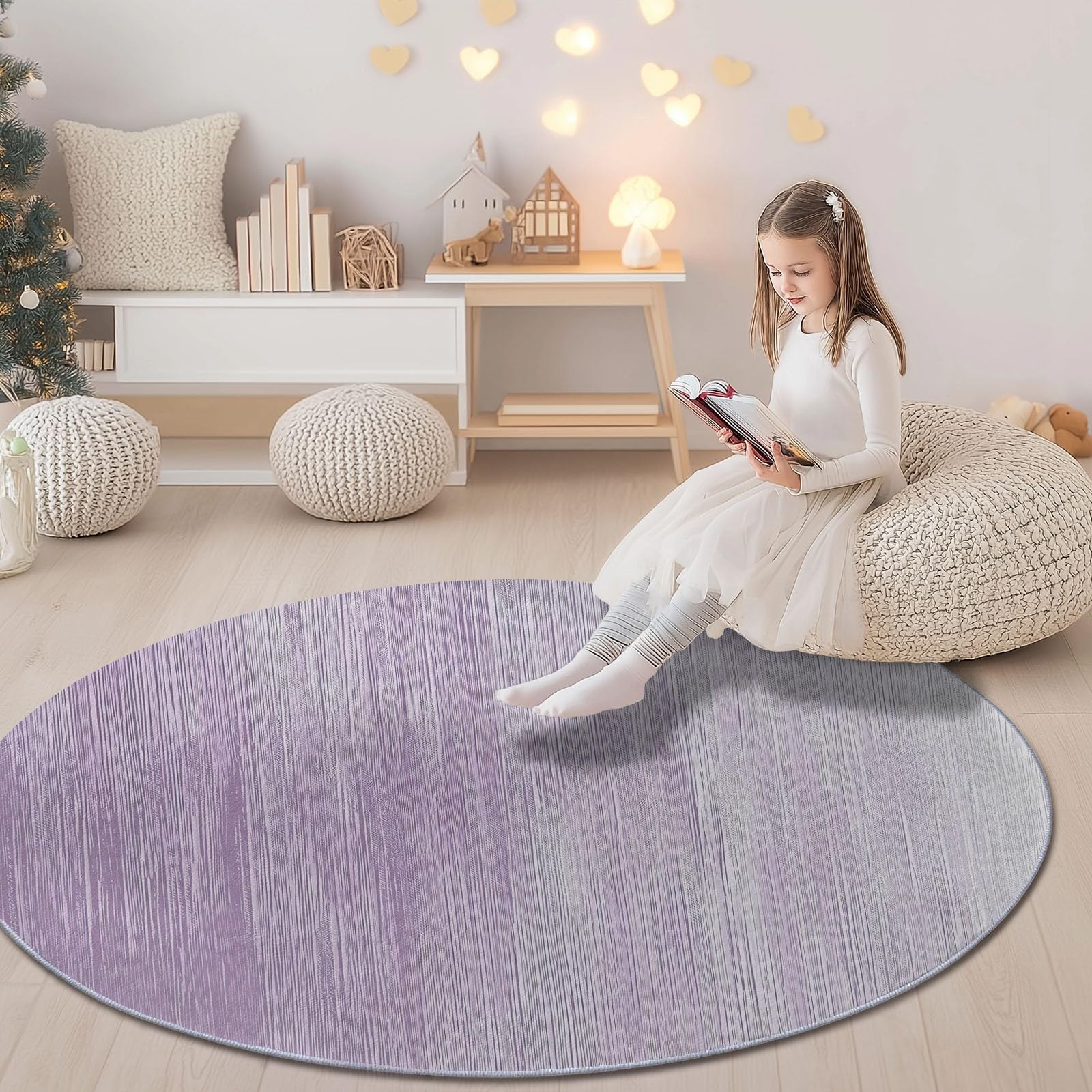 Alfombra Redonda Rayas Verticales Simples de Color Morado Claro Lavable a máquina, Antideslizante, de Pelo bajo y no desprende Pelo 120 cm (Round) para Sala de Estar, Dormitorio salón Salvia Rosa