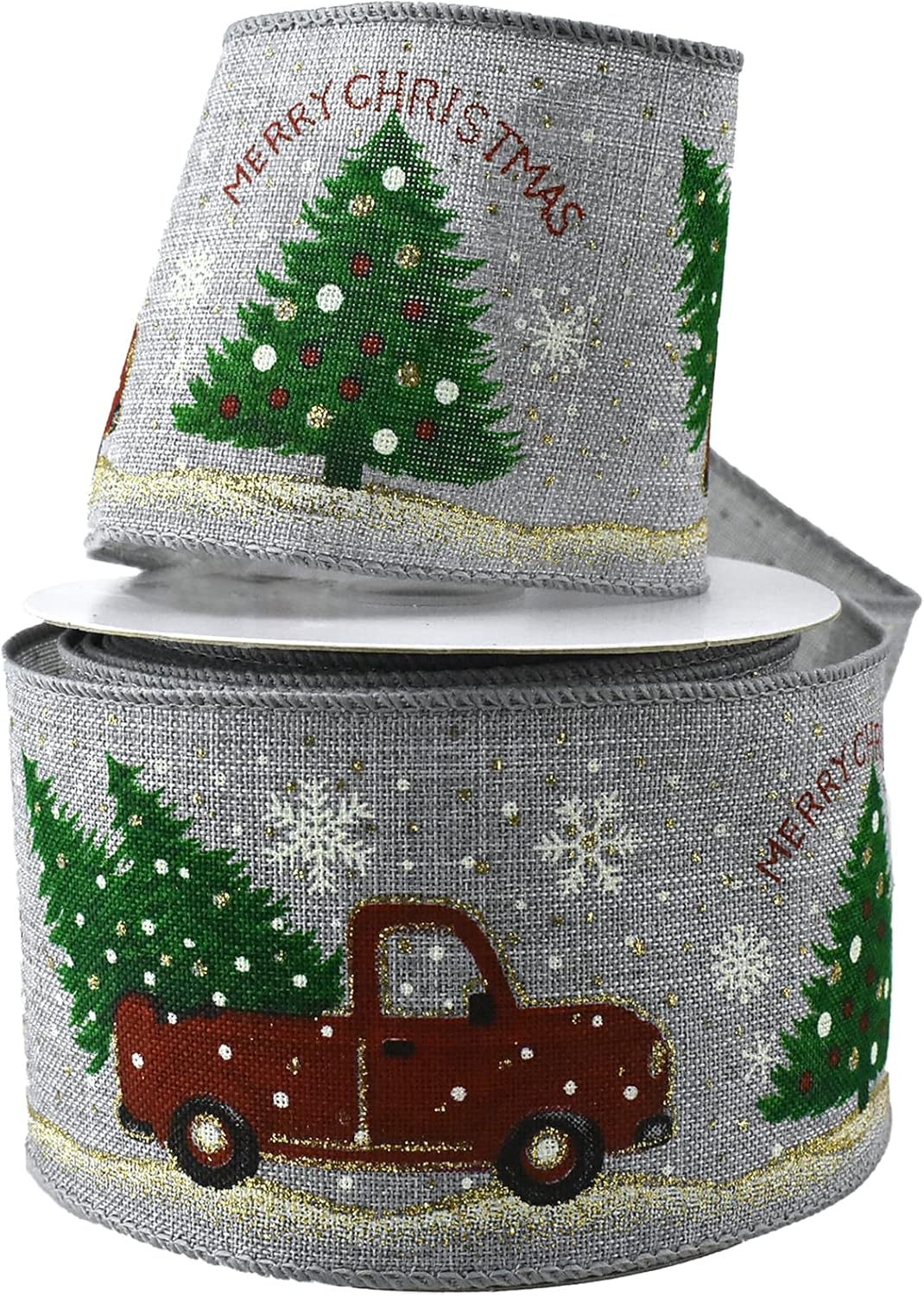 Homeford Glitter Red Truck with Christmas Trees Wired Ribbon, 2-1/2-Inch, 10-Yard - Grey