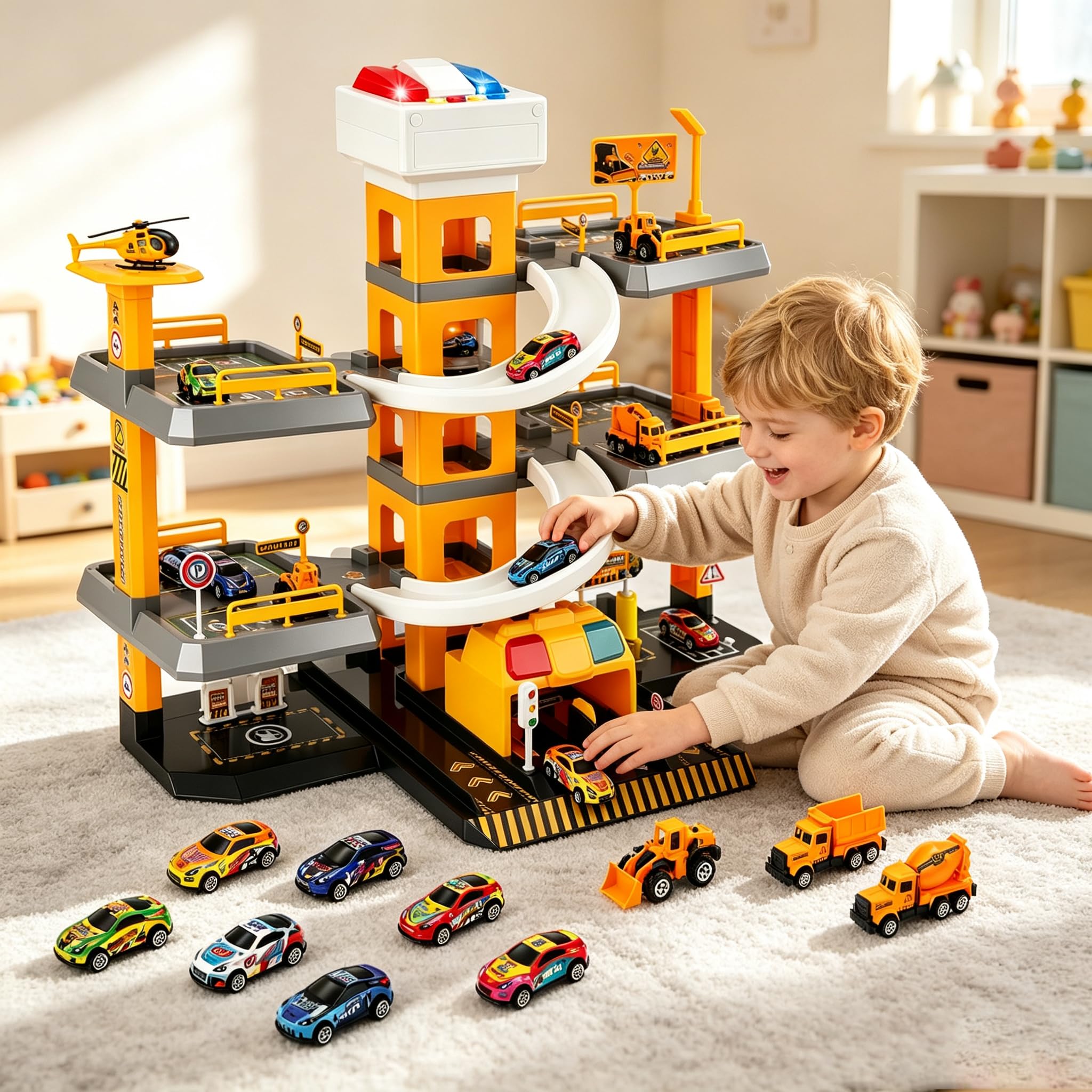 5-stöckige Parkgarage für Kinder, Auto Garagen Spielset mit Musik und Lichteffekten, mit 14 Spielzeugautos & 1 Hubschraubern, Parkhaus mit Aufzug, Geschenke für Jungen, Mädchen (Projekt-Thema)