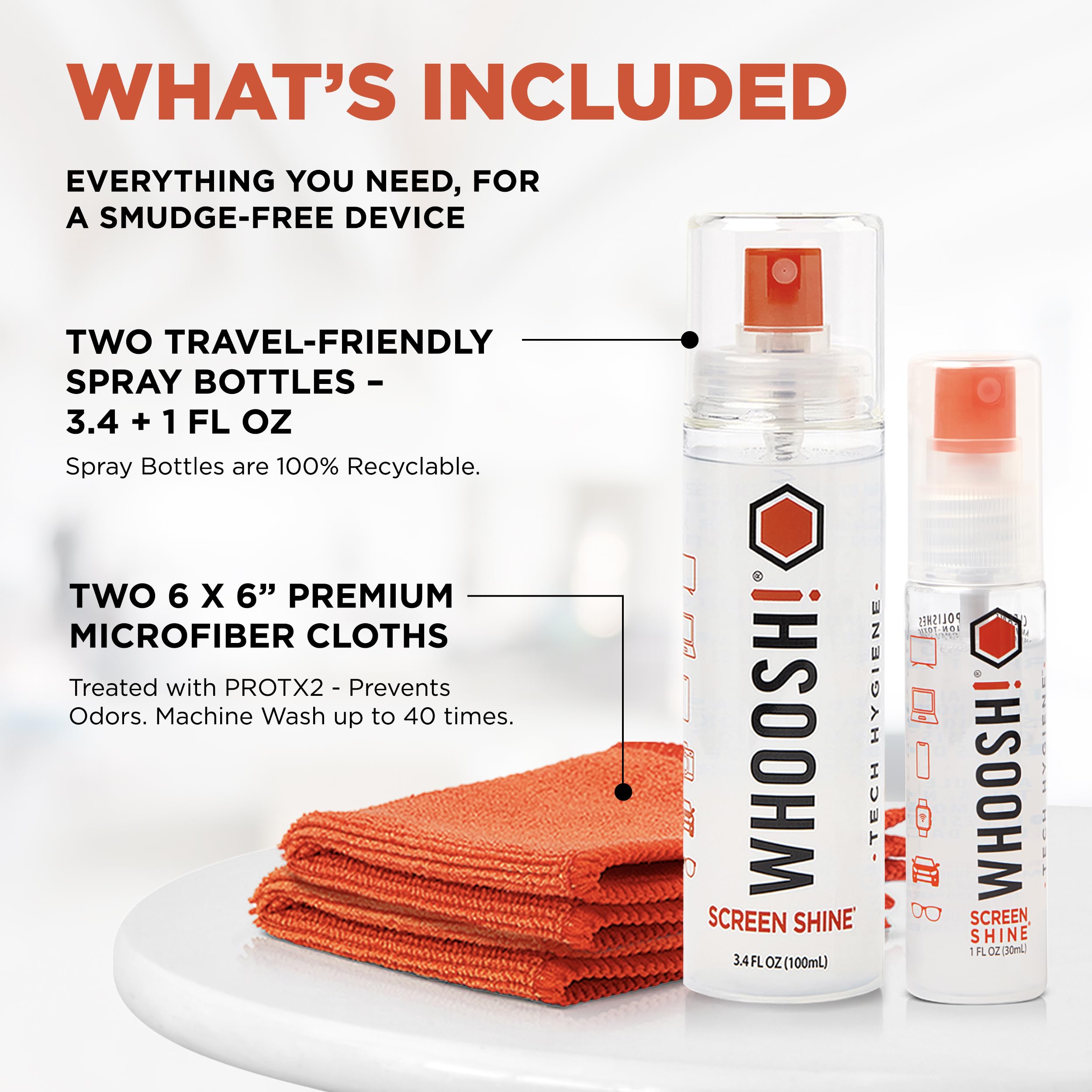 WHOOSH! Zestaw do czyszczenia ekranu – najlepszy do smartfonów, iPadów, okularów, czytników elektronicznych, LED, LCD i telewizorów – zawiera 100 ml + 30 ml butelki + 2 ściereczki premium