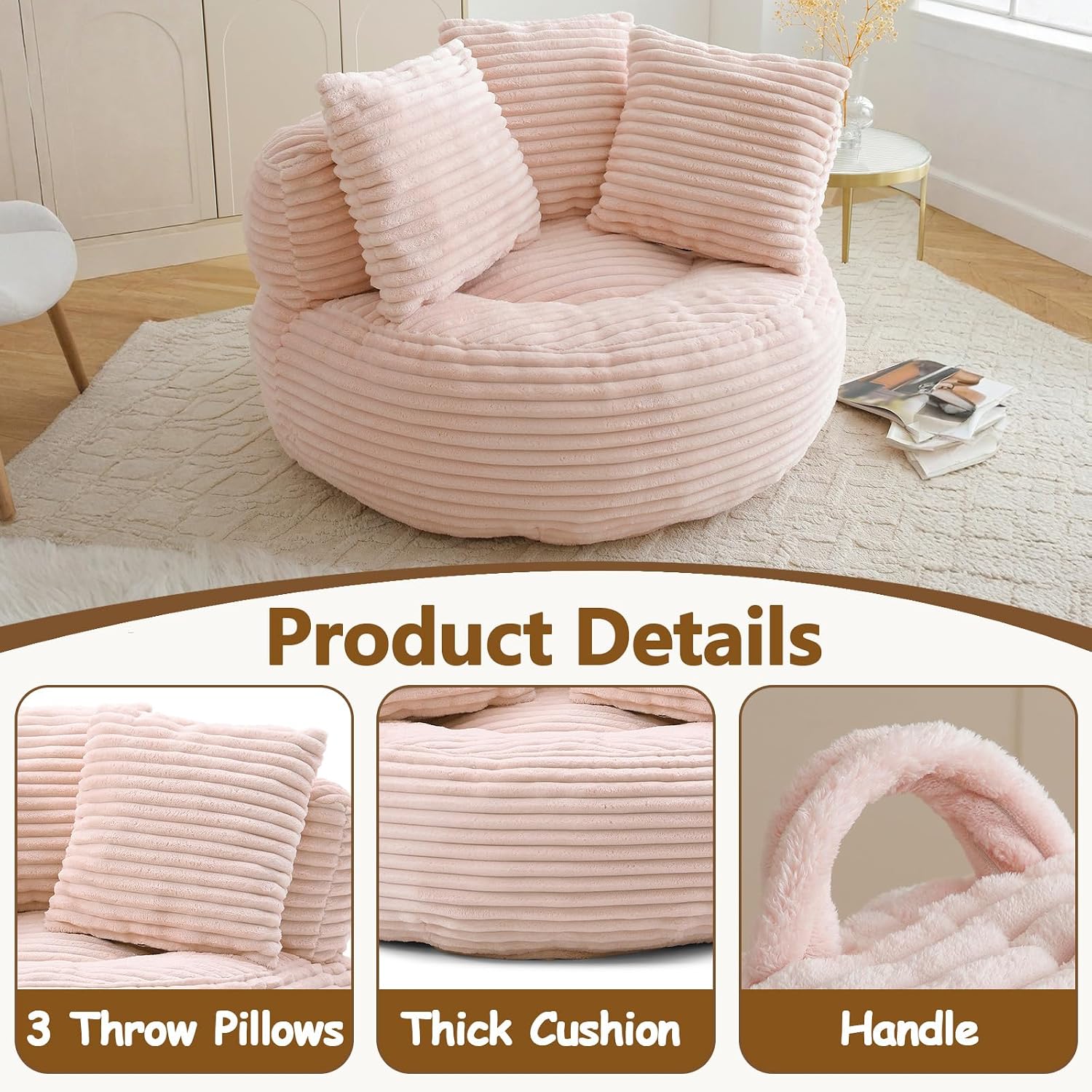45" Giant Bean Bag Chairs for Adults, Oversized Corduroy Bean Bag Chair with 3 Pillows & Armrest, Huge Beanbag Chair & Lazy Sofa with Foam Filler for Bedroom Living Room Dorm (Pink)