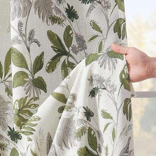 Miniatura 6 de jinchan Cortinas 100% opacas para dormitorio, cortinas de lino de 84 pulgadas de largo, estampado de hojas verdes tropicales, tratamiento botánico