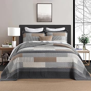 DDUOXIN 100% Cotton Oversized King Bedspread 128" W x120 L - Lightweight California King Quilt with 2 Pillow Shams, Farmhouse Stripe Reversible Bedspreads, Gray/Beige/Brown/Black