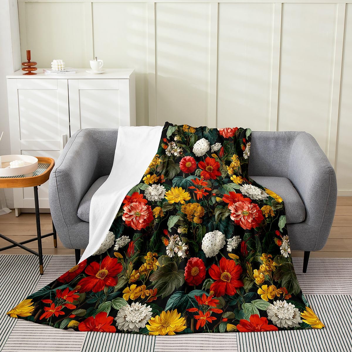 jejeloiu Floral Fleece Throw Blanket Abstract Bohemian Floral Flannel Blanket Plush Fuzzy Botanical for Bed Couch Chair Living Room Mid Century Modern Boho 40"x50" Red Green Bedroom Decor