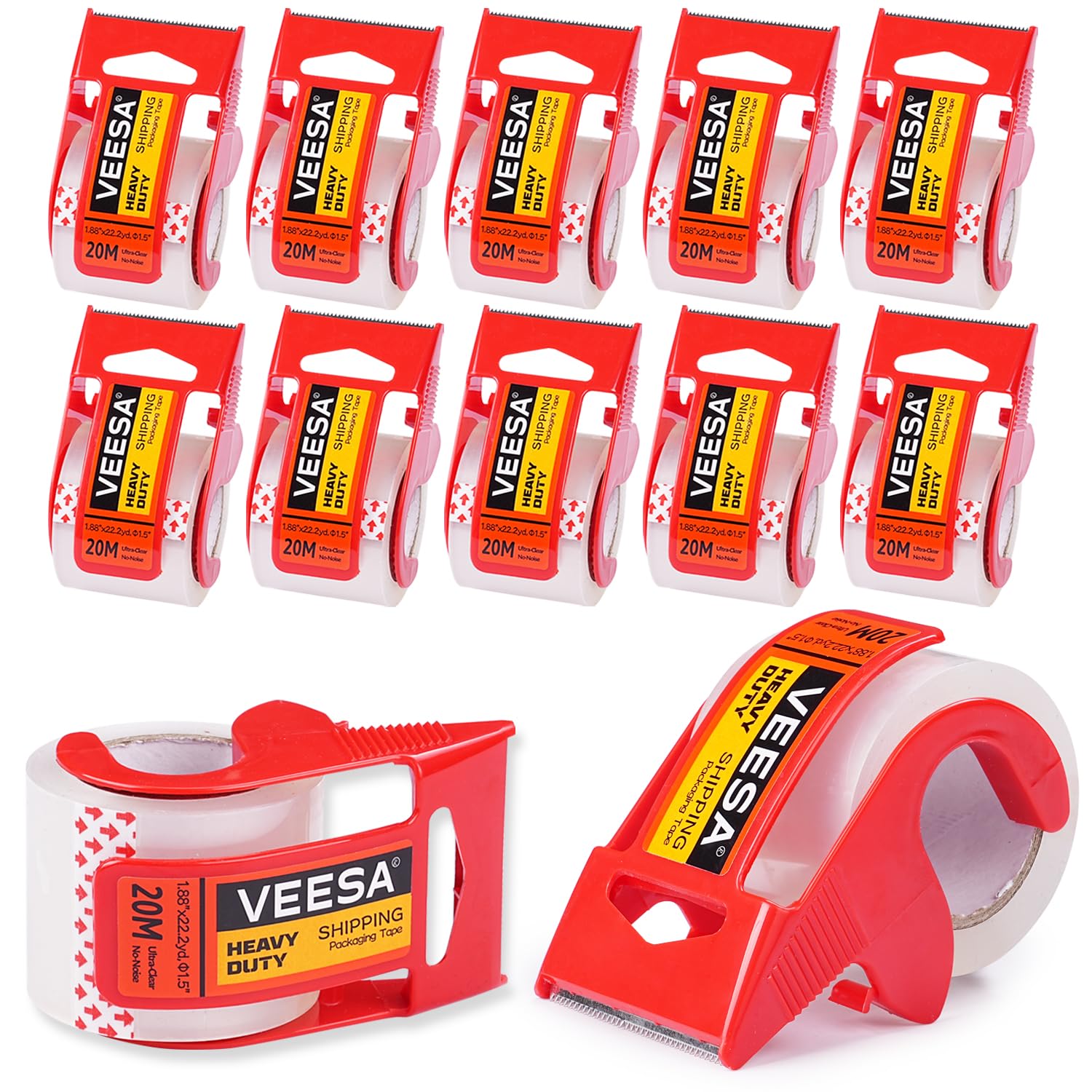 Packaging Tape with Dispenser, 10 Rolls Heavy Duty Packing Tape for Shipping Moving Storing, Strong Sealing Adhesive Industrial Shipping Tapes, 1.88" x 22.2 yd, 1.5" Core