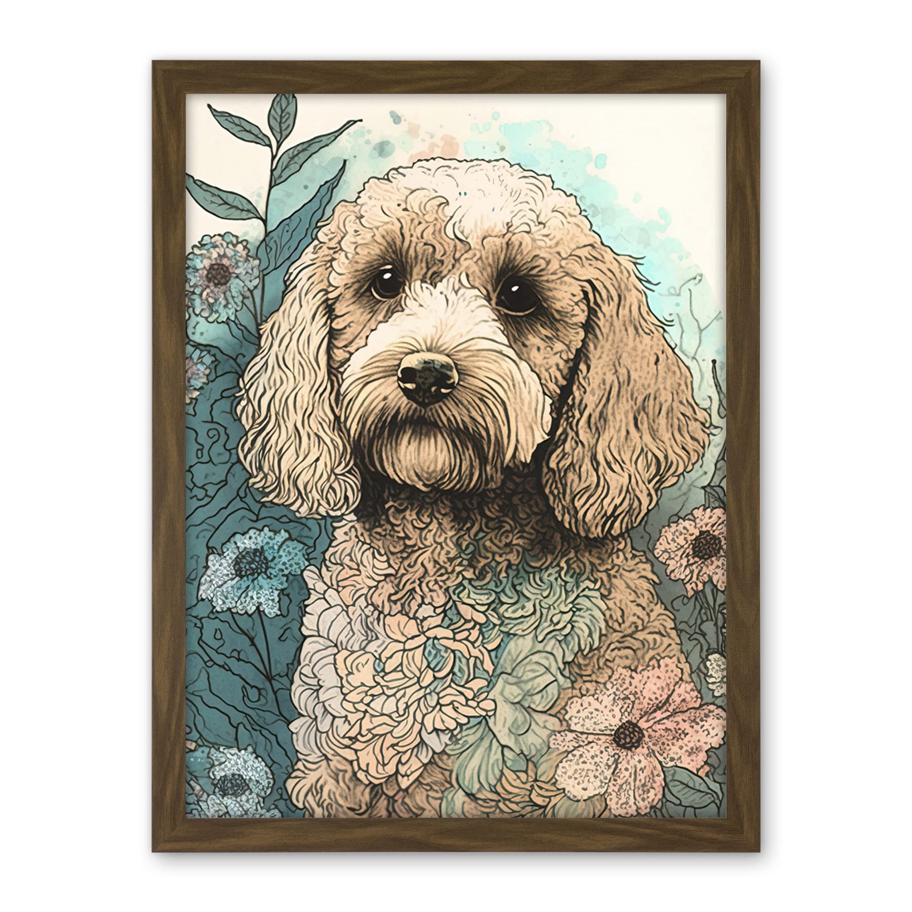 Artery8 Cockapoo Dog in Wildflower Field Pastel Watercolour Illustration Artwork Framed Wall Art Print 18X24 Inch