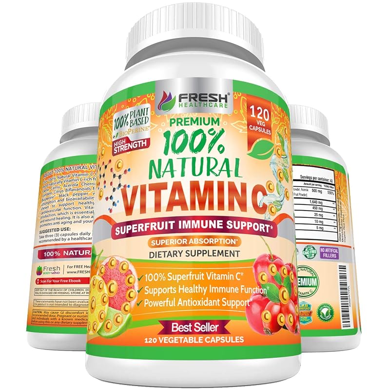 FRESH HEALTHCARE Vitamina C em cápsulas com rose hips, acerola, camu camu, bioflavonoides cítricos e BioPerine, 500 mg, 120 cápsulas