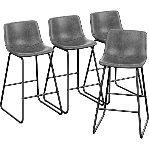 REONEY Bar Stools Set of 4, 26" PU Leather Counter Height Barstool, Grey