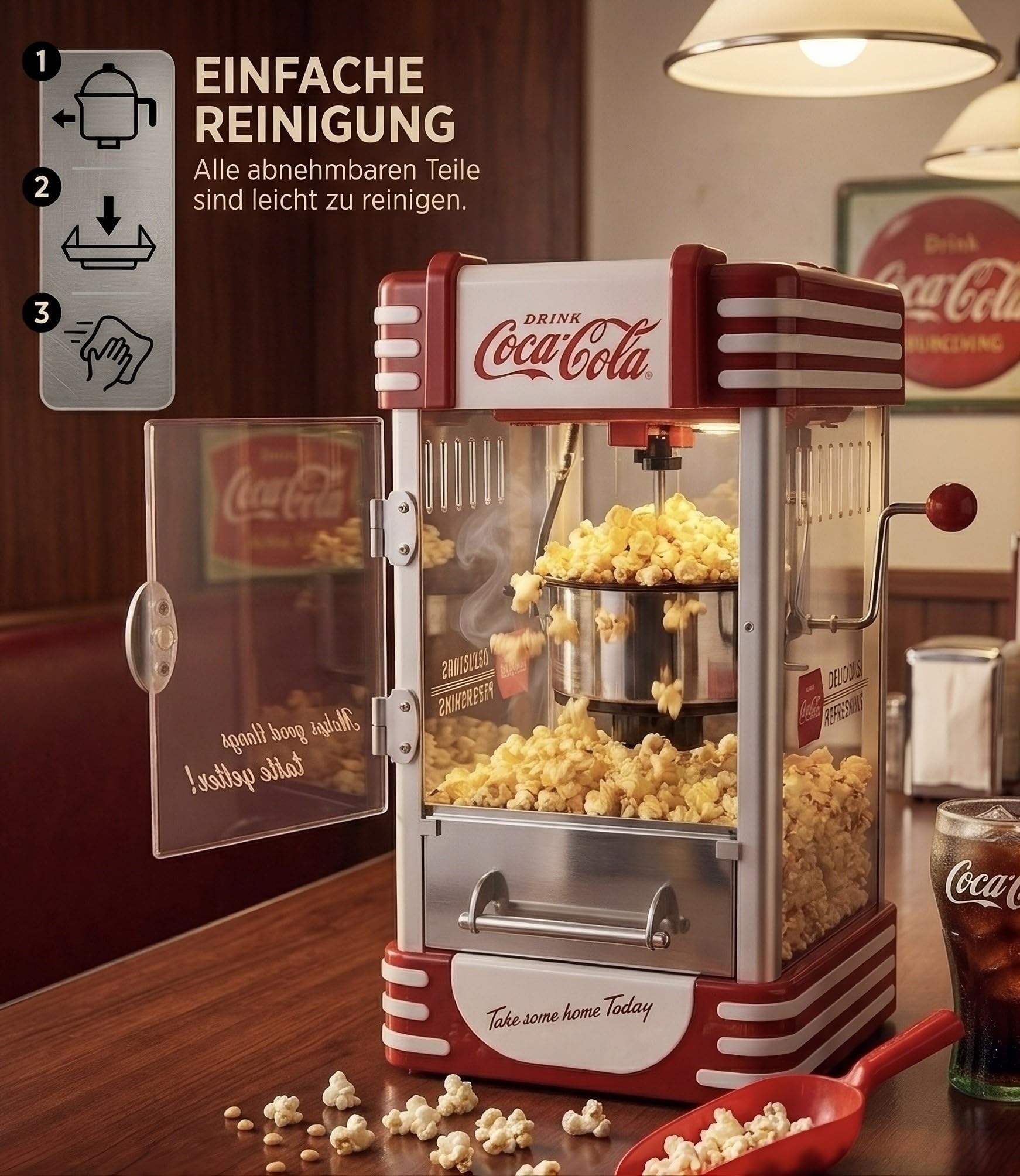 Salco Coca-Cola - Macchina per popcorn popcorn in stile retrò rosso (anni 50), caldaia in acciaio inox con rivestimento antiaderente, sistema di agitazione integrato, illuminazione e avvolgicavo