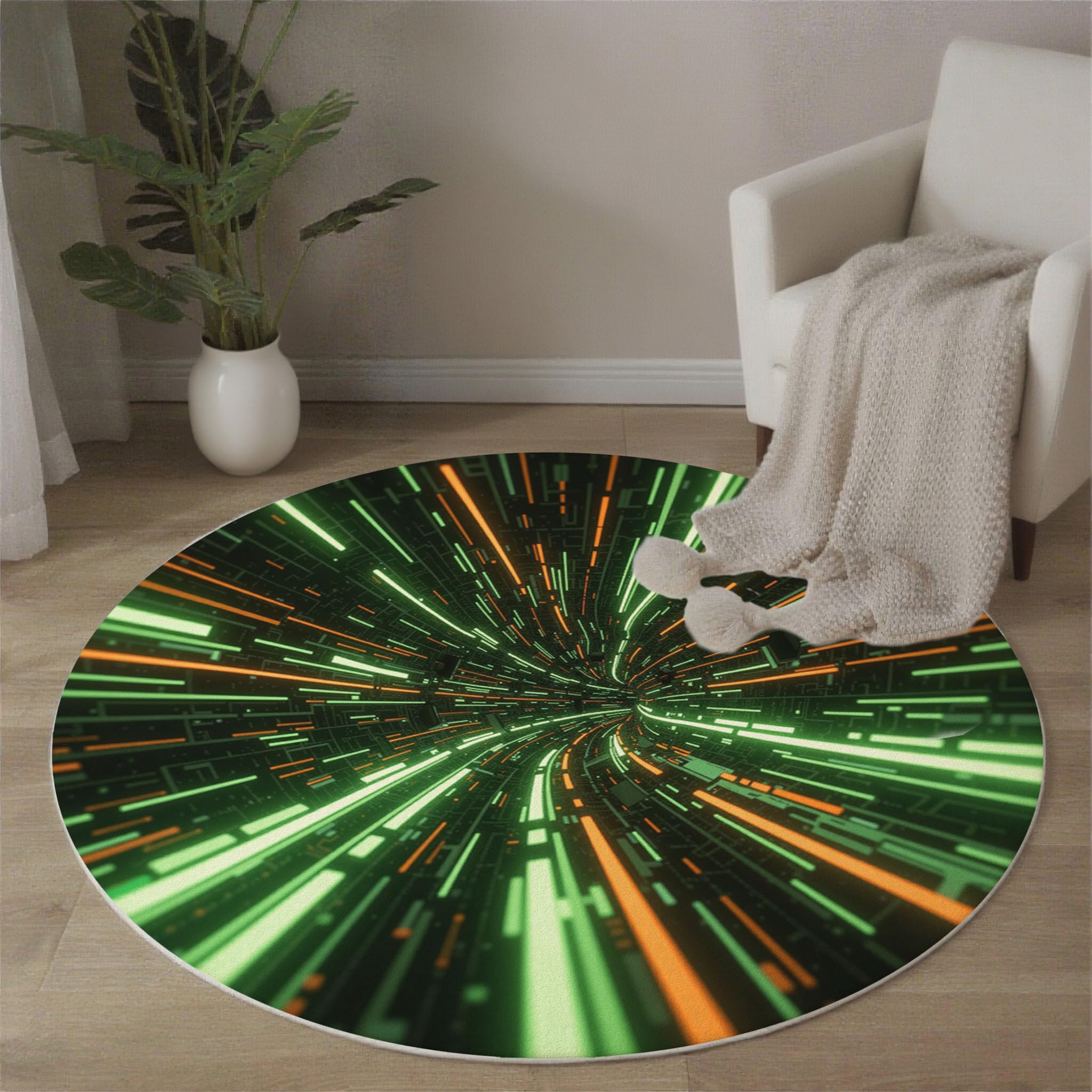 Tapis Rond Lignes Espace Tunnel 160cm, Style Futuriste Lavable en Machine Tapis Rond pour Salon, Antidérapant, Imprimé pour Salle à Manger, Chambre, Nurserie, Vert