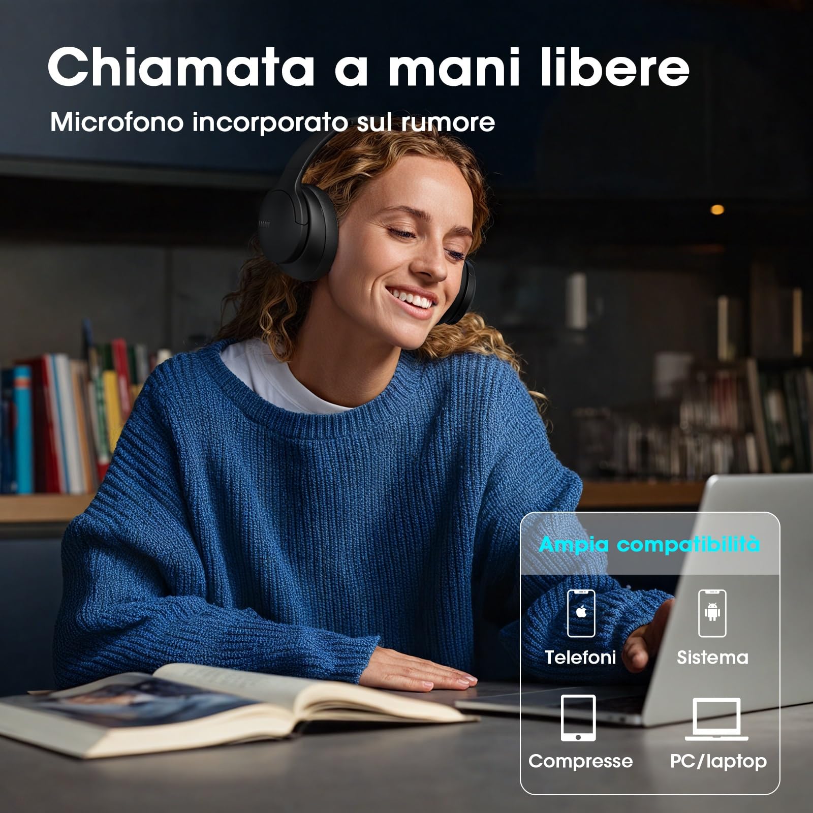 DOQAUS Cuffie Bluetooth Over Ear, Cuffie Wireless con 90 Ore di Autonomia, 9 Modalità EQ e Controllo APP, Audio HiFi con Bassi Profondi, Microfono Integrato, Pieghevoli, Modalità Cablata, Nero