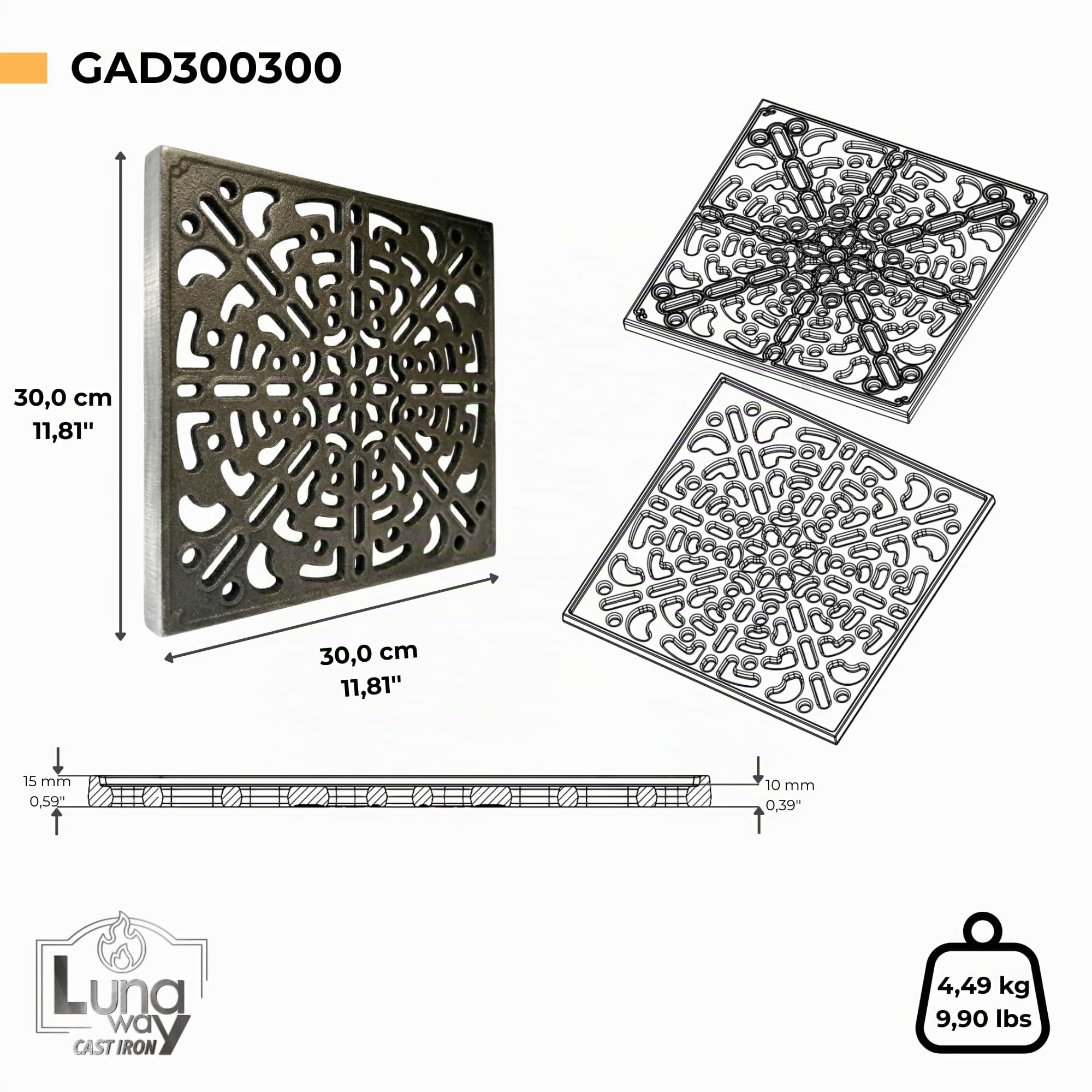 30 x 30 cm - Griglia aerazione ghisa quadrata per camino e cappa by LUNAWAY | Piastra di ventilazione in ghisa per camini e stufe. Favorisce il ricambio dell'aria ed è resistente al calore.