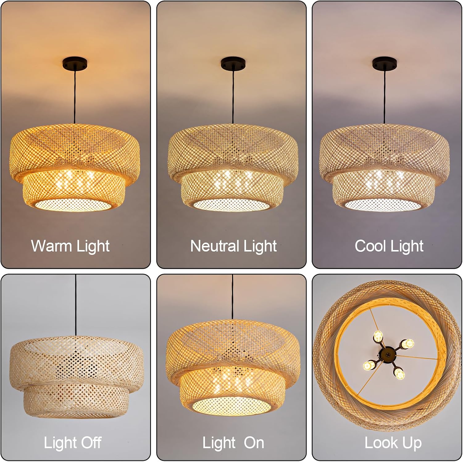 23.62” Farmhouse Bamboo Chandelier 4-Lights Large Hand-Woven Rattan Pendant Light Boho Wicker Dining Room Lights Fixtures for Living Room Bedroom Restaurant Cafe Kitchen Island