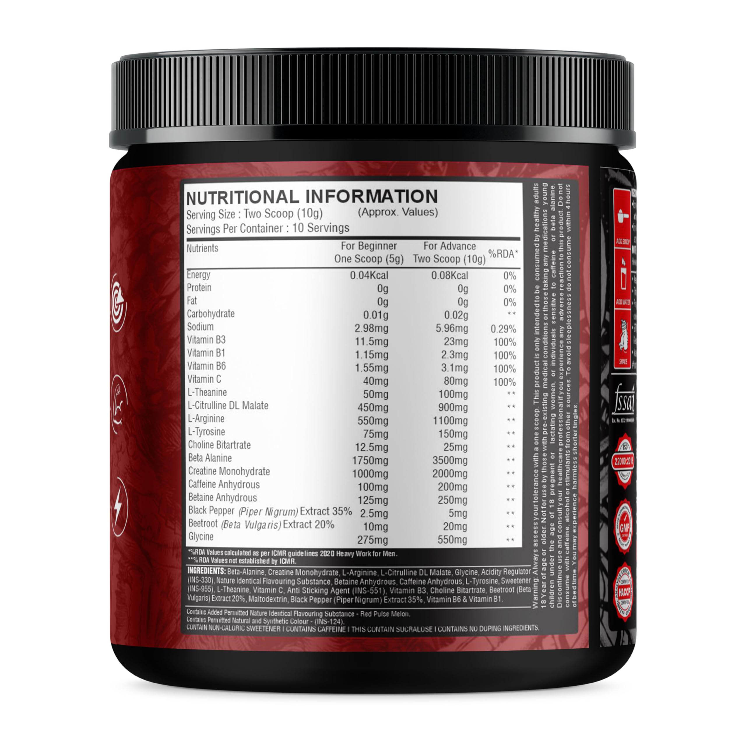 Pre Workout Powder – New Insane Formula for Energy, Focus, Endurance & Muscle Pump | 200mg Caffeine, 3.5g Beta-Alanine, Creatine, Amino Acids & Vitamins | Sugar Free Sports Nutrition Supplement [Red Pulse Melon, 15 Servings, 100g] — Amazon image 5
