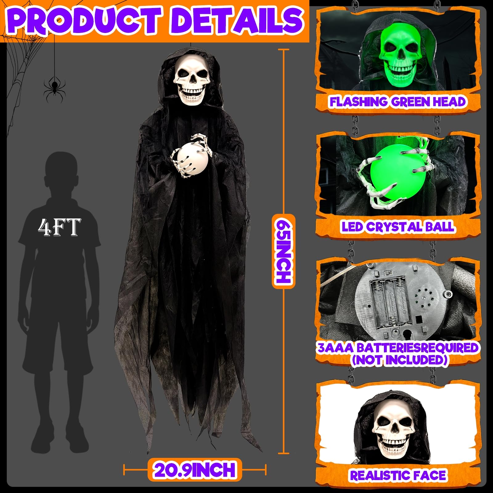 Activado por sonido: decoraciones animatrónicas de Halloween de 65 pulgadas para colgar al aire libre, esqueleto fantasma, sostiene bola de cristal LED, cabeza verde, sonido espeluznante, decoración