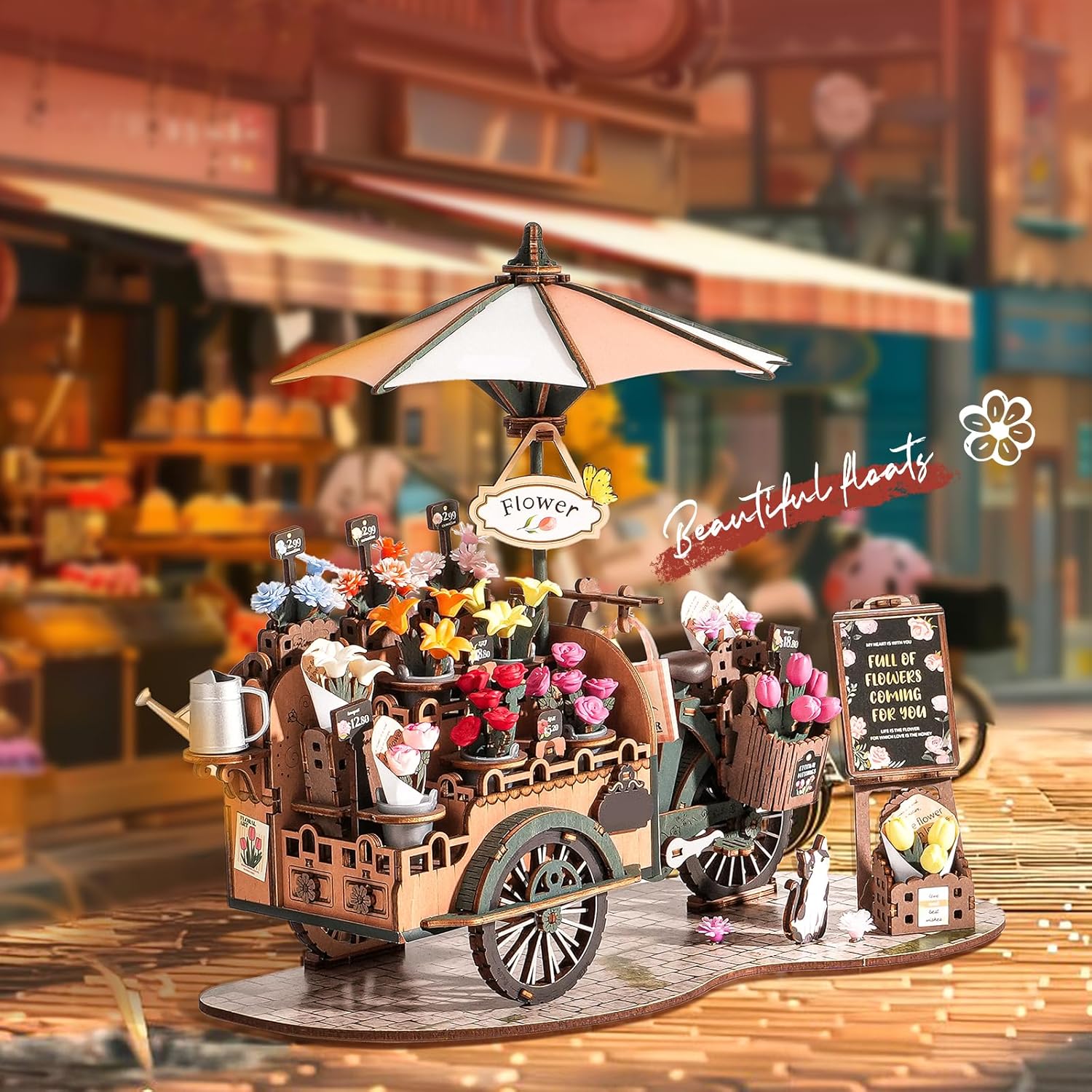 ROBOTIME 3D Wooden Puzzle for Adults Floral Cart Model Building Kit, DIY Flower Craft Hobby Gift Home Decor, Vintage Style Assembly Toy