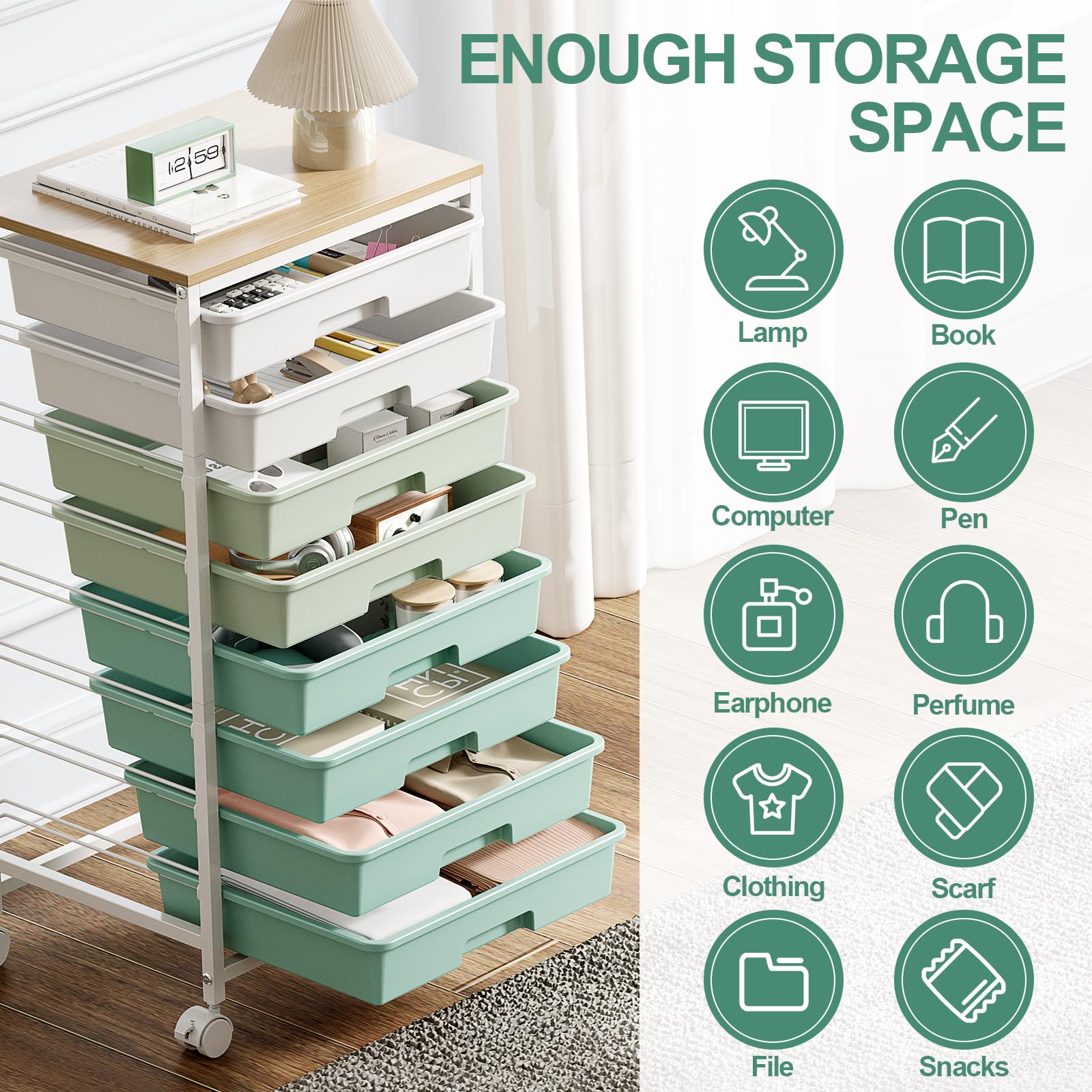 Storage Cart with 8 Drawers, Utility Cart with White Drawers and Wooden Tabletop, Craft Cart, Teacher Organization for Classroom, Storage Furniture, Office Organization, Green