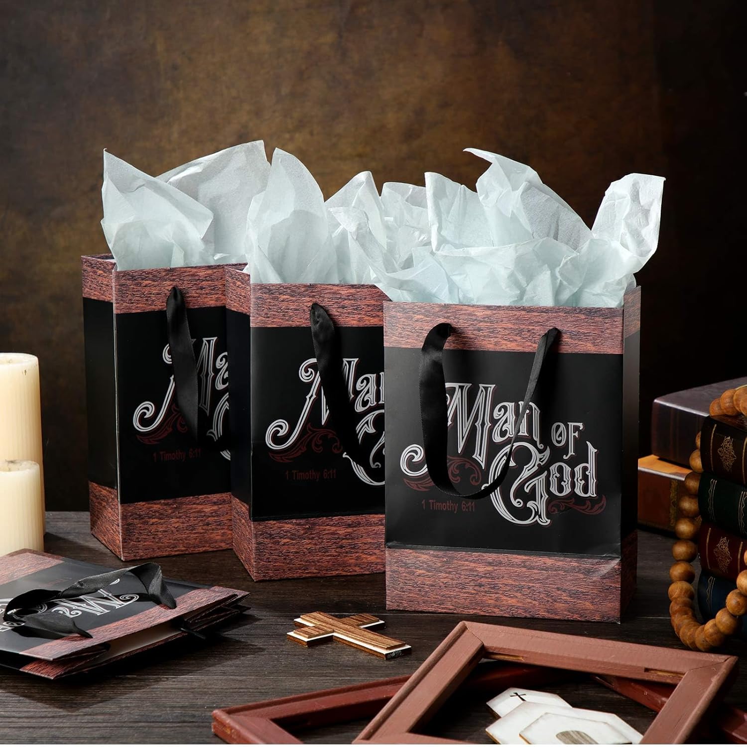 Kolldenn 36 Pcs Christian Gifts Bags Man of God Religious Gift Bags Bulk with Wrapping Portrait Scripture Paper Gift Bag 1 Timothy 6: 11 Reusable Inspirational Treat Bag for Men Women, 9.5 x 7 in - Image 4