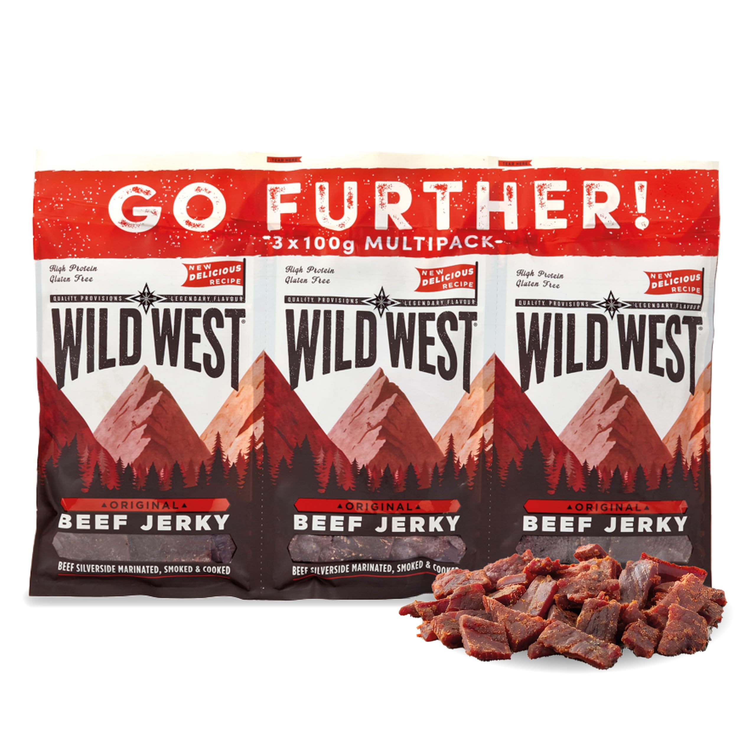 Wild West Beef Jerky, 3 x 100g Original Rindfleisch Snacks, Beef Jerky high Protein Trockenfleisch, Protein Snack, Knabberartikel