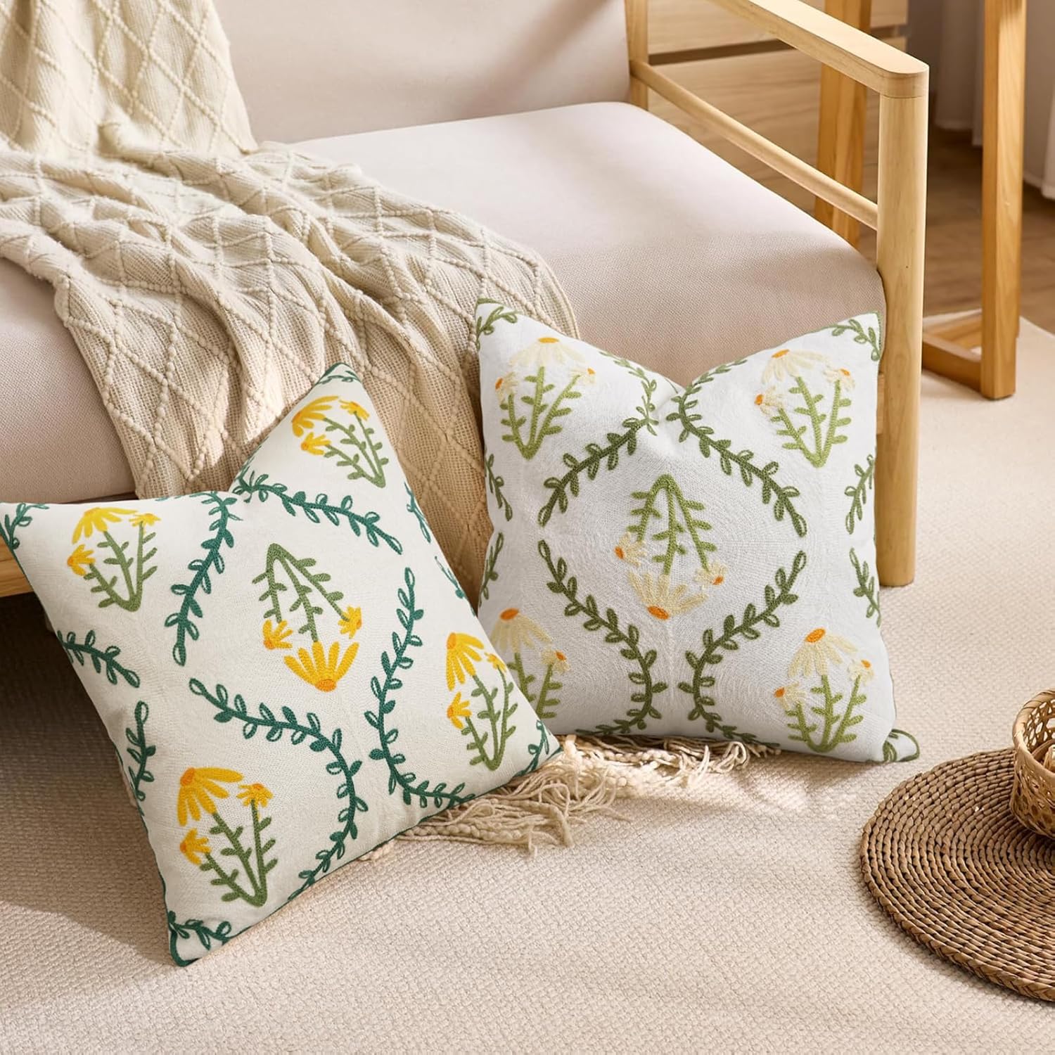 Adabana Embroidered Pillow Cover Set of 2 Farmhouse Decorative Floral Throw Pillow Covers 18x18 inch for Couch Sofa Bed Living Room Decor Green and White