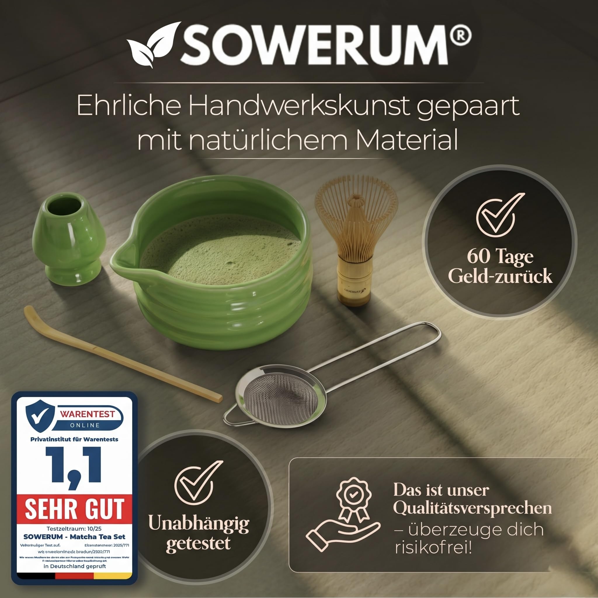 Matcha Set 5-teilig – Matcha Zeremonie Set mit Schale, Bambusbesen, Halter, Sieb & Löffel – Japanisches Tee Set Geschenk für Frauen & Männer – Matcha Zubehör Starter Set (Grün) (Grün)