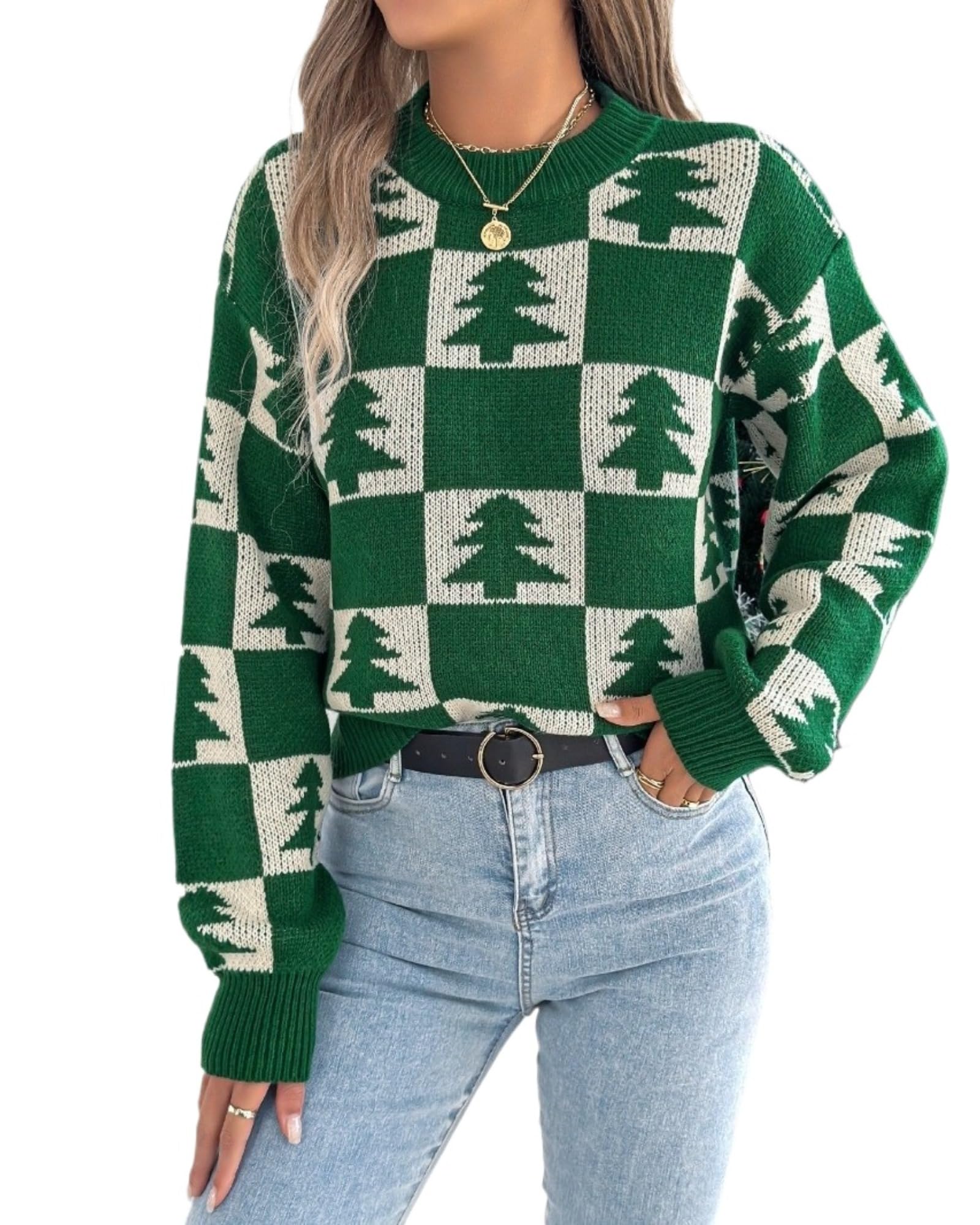 Womens Knit Winter Sweater Christmas Tree Snowflake Snowman Checkered Color Block Pullover Tops Trendy Y2k Clothes