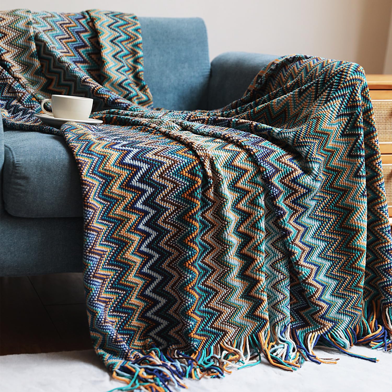 Photo 1 of D DODOU Throw Blanket Bohemian Knitted with Tassel 50x60 Inch (Blue)