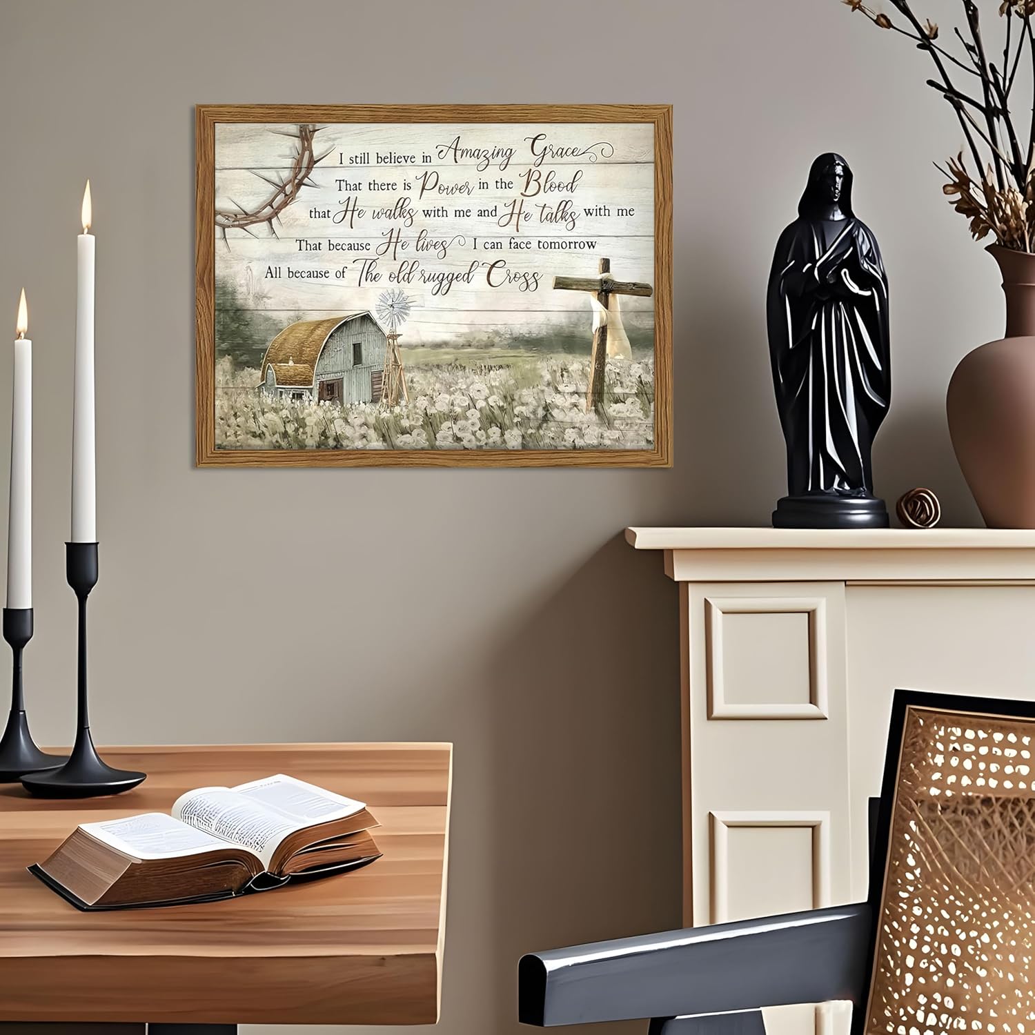 Dytila Cross Christian Wall Art, Barn Windmill Country Pictures Wall Decor, Bible Verses Paintings, Vintage Hymn Canvas Prints, Religious Artwork for Prayer Room Office Church Framed 12x16 inch