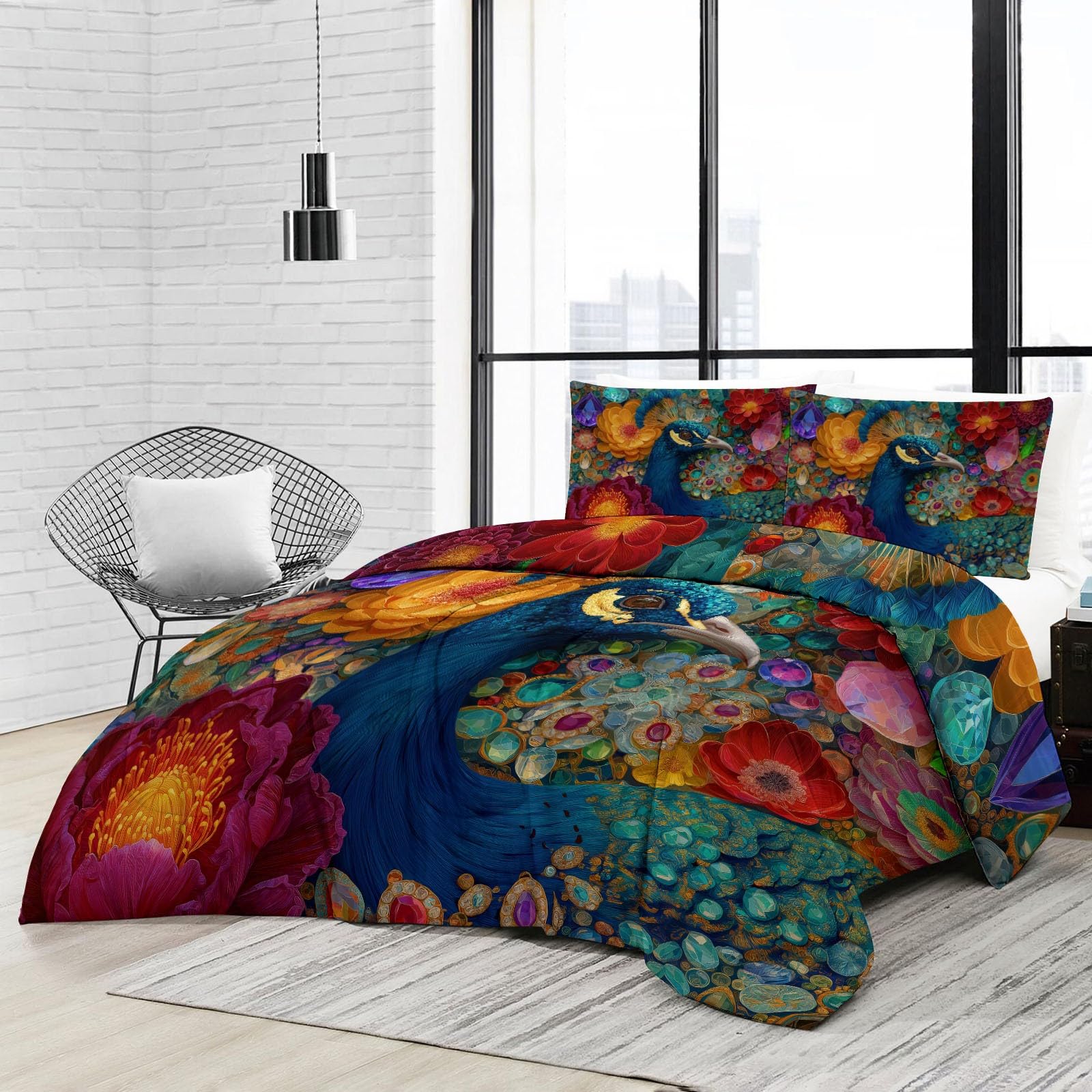 Generisch Bunt Bettdecke ohne Bezug für Bett und Sofa, Pflegeleicht Steppdecke 135 x 200 cm - Retro Pfau Blumen Blätter, Gewaschene Baumwolle, Geschenkidee Ganzjahresdecke Waschbar Daunendecke