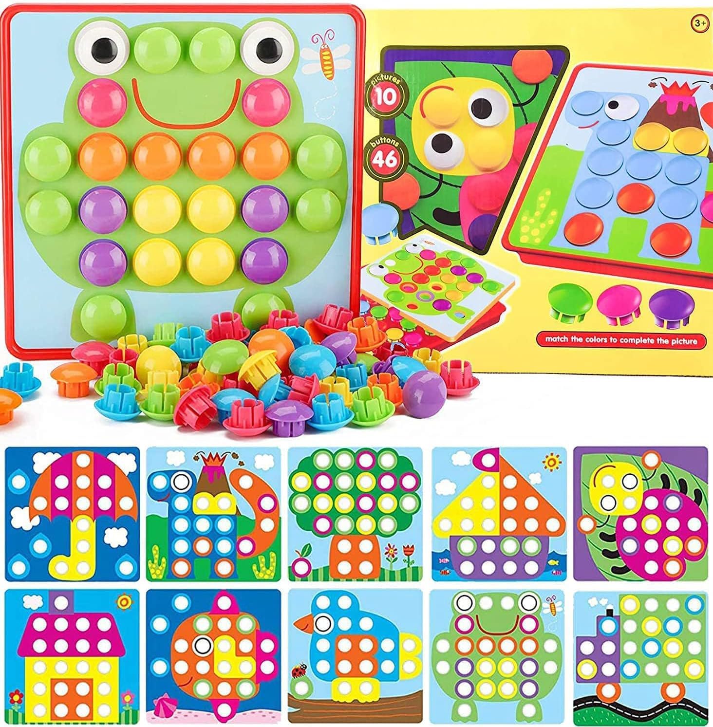 Yihurlm 58 Pcs Button Art Toys for Toddlers,Color Matching Mosaic Pegboard Early Learning Educational Toys,Toddler Activities Crafts for Toddlers,