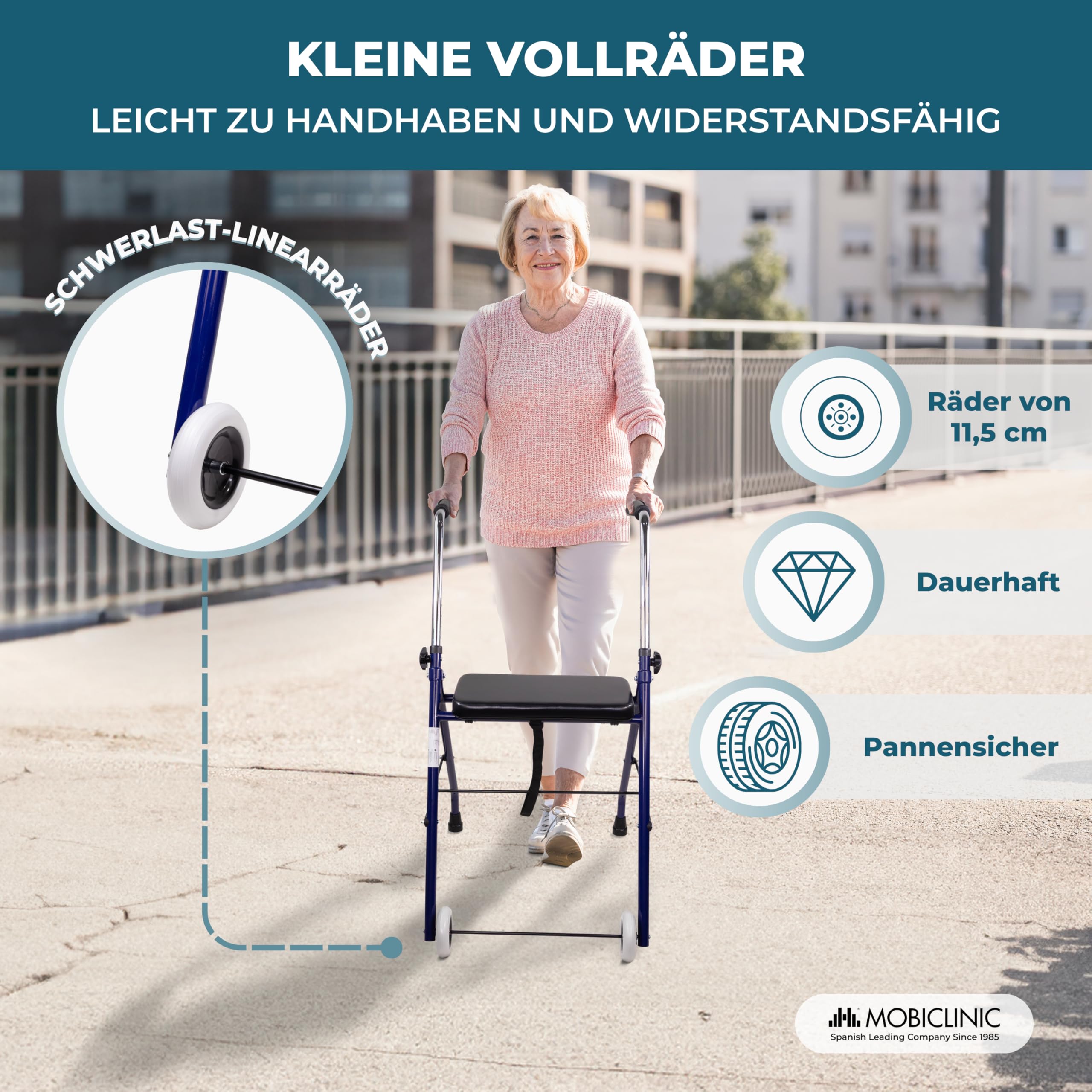 Mobiclinic®, Gehbock mit Rollen Klappbar, Höhenverstellbar, Faltbar und Leicht, Emérita, Gepolstertem Sitz, 2 Räder, Stabil, Max. 100 Kg, Ergonomische Griffe, Stahl, Blau