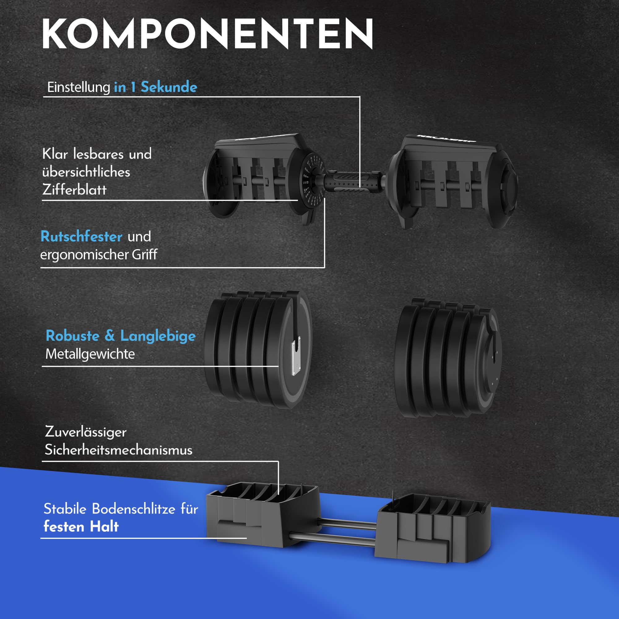 NEOLYMP Kurzhantel verstellbar (2-40 kg mit 16 Gewichtsstufen) platzsparendes Dumbbell Set - Hanteln Set verstellbar für Männer & Frauen - Gewichte Kurzhanteln