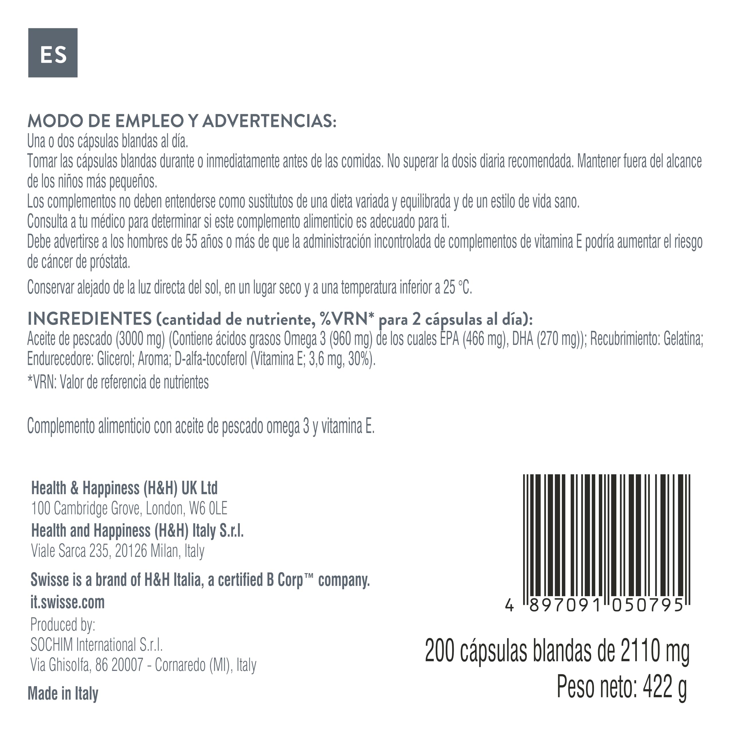 SWISSE - Omega 3 IFOS Certificado 5 Estrellas, 200 Cápsulas Blandas con 1500 mg de Aceite de Pescado, Vitamina E, 233 mg EPA y 135 mg DHA por Dosis - Suplementos para Cerebro y Corazón, Made in Italy