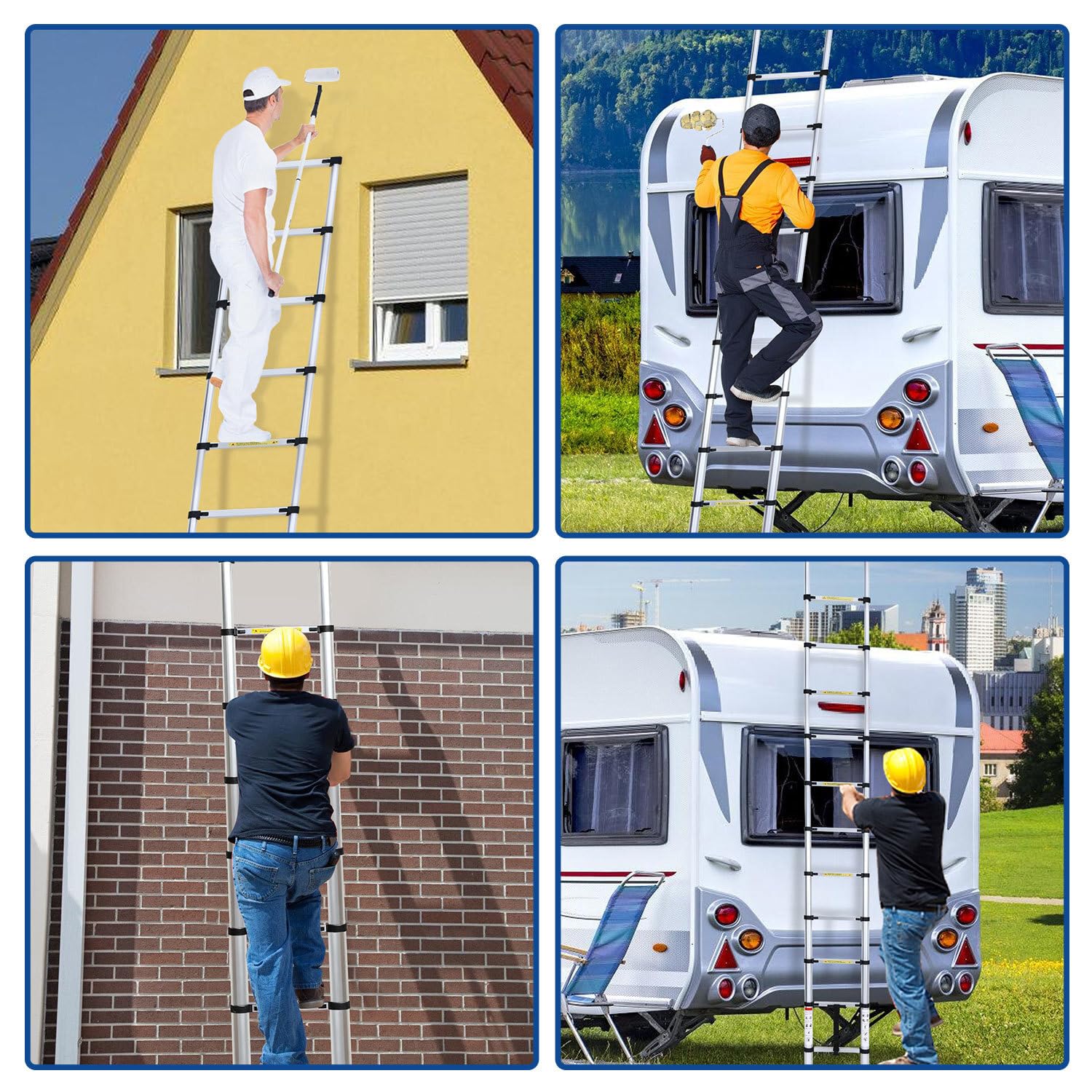 Échelle télescopique en aluminium 3,8 m, échelle extensible avec stabilisateur, échelle en aluminium antidérapante, échelle multifonction extensible, capacité de charge de 150 kg
