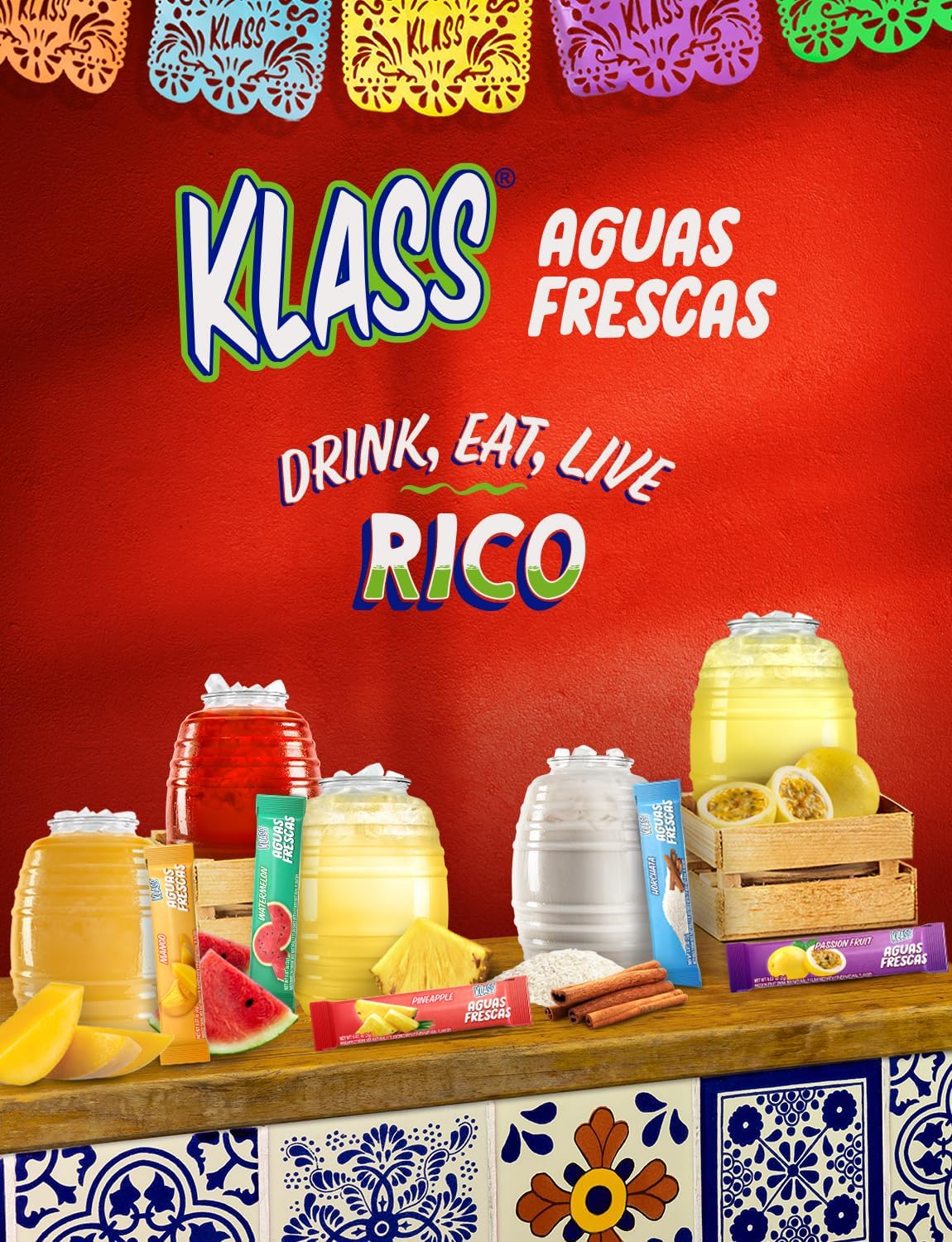 Klass Aguas Frescas, Powdered Drink Mix Variety Pack, 44 Singles Zero Sugar & Caffeine-Free Powder Packets, Water Drink Mix, Flavors: Mango, Watermelon, Pineapple & Passionfruit - 5 Calories Per Packet & Natural Flavors